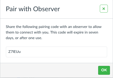 Canvas "Pair with observer" window with generated code