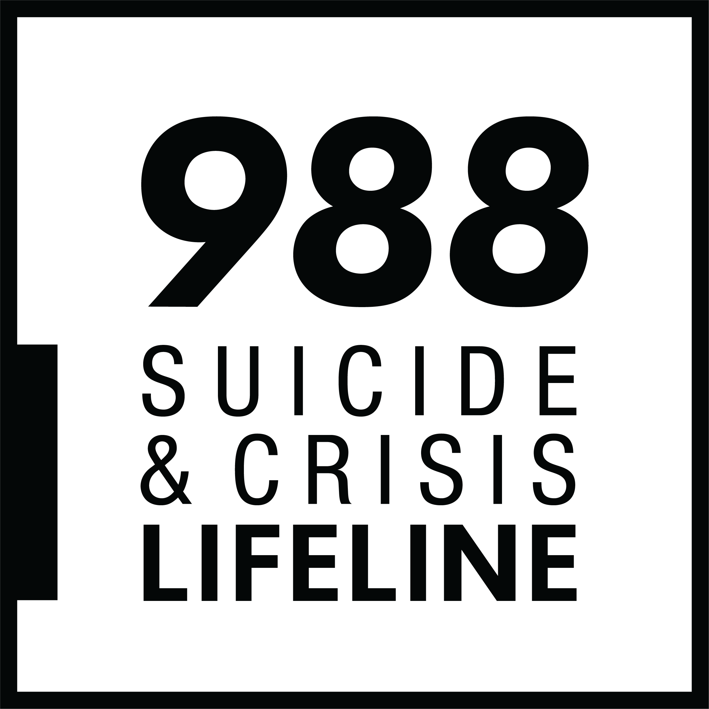 Square logo in black and white for the suicide and crisis lifeline 988