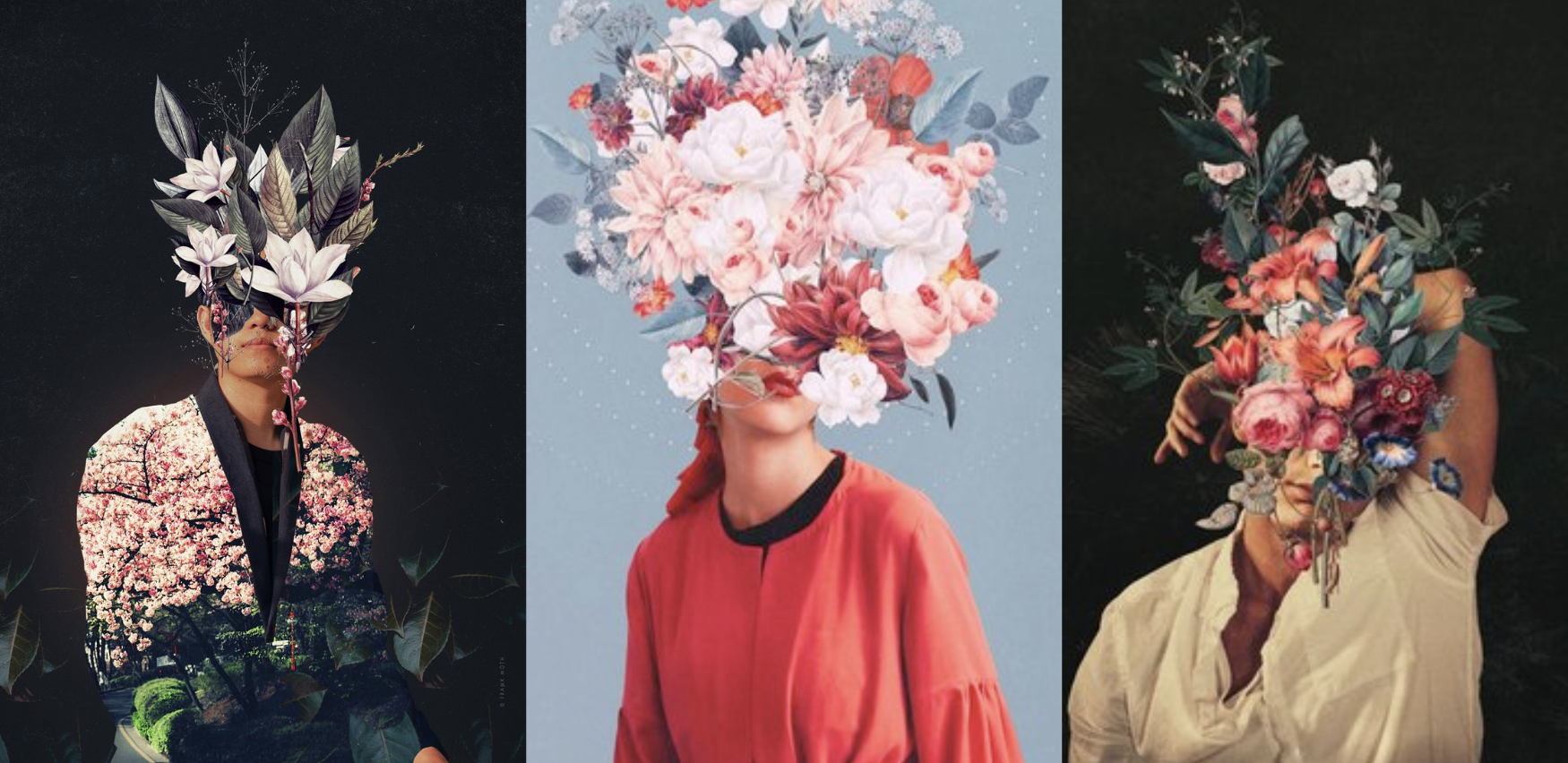 Image with 3 individuals who have bouquets of flowers growing out of their heads. 