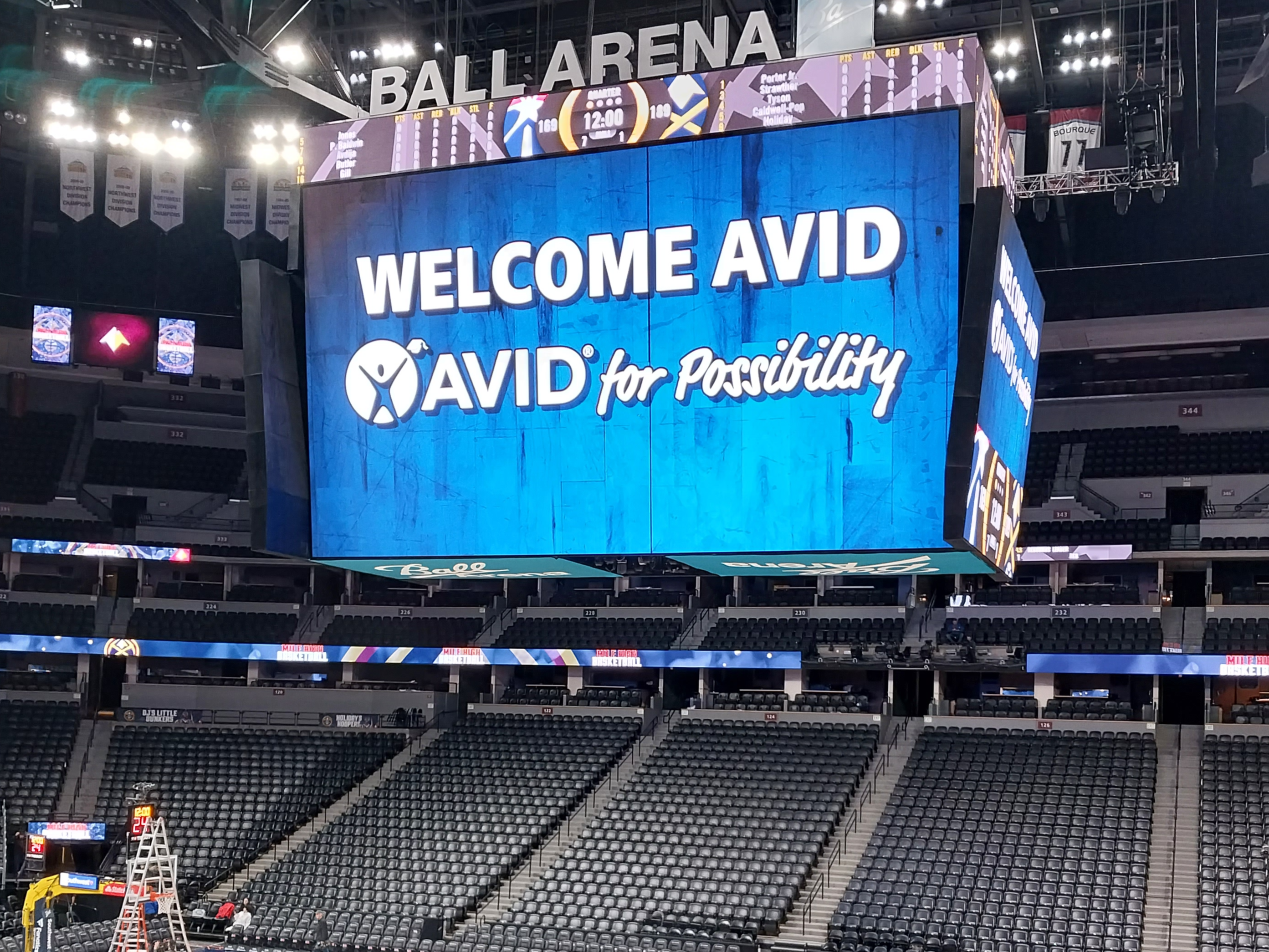 Big screen at Ball Arena welcoming AVID students from DPS