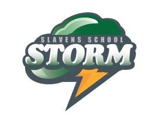 Slavens middle school logo - green cloud with yellow lightning bolt coming out underneath with text across the front saying "slavens school storm"