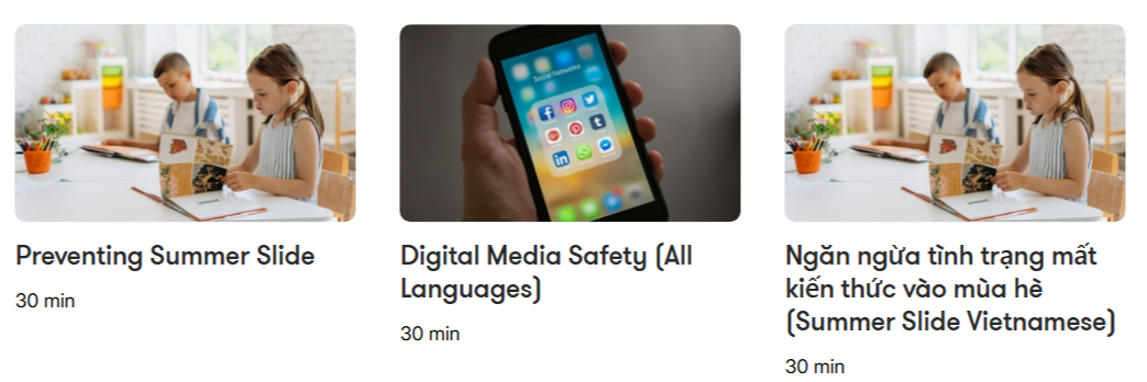 Shows three of our courses on Articulate website dashboard- Summer Slide, Social Media Safety, and Summer Slide Vietnamese