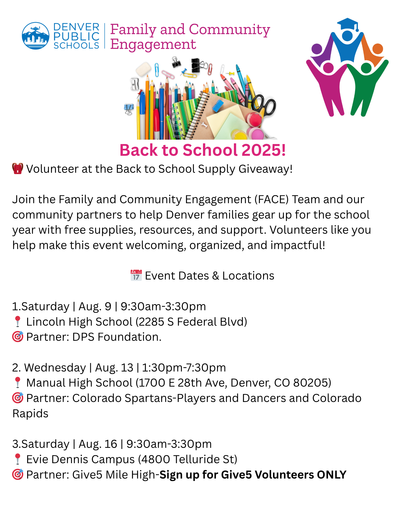 Flier with Event Details for Back to School Volunteer Support
