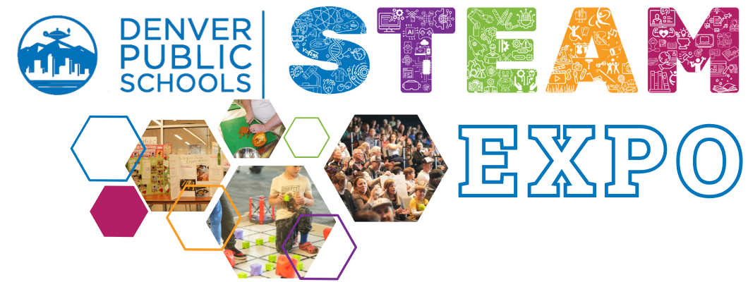 Denver Public Schools STEAM Expo logo featuring hexagonal photos of students and families engaging in STEAM activities