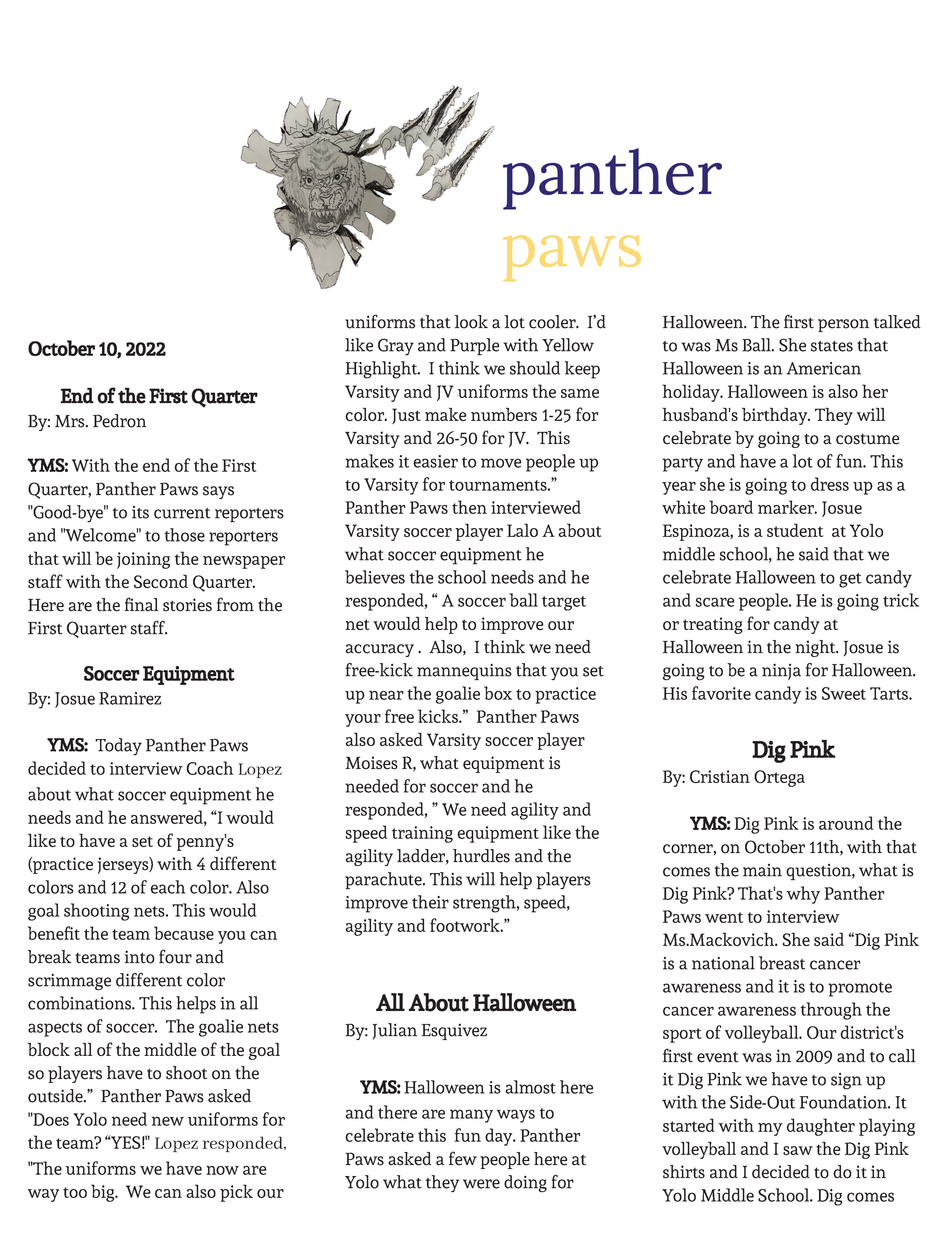 Link to October 2022 Issue off Panther Paws