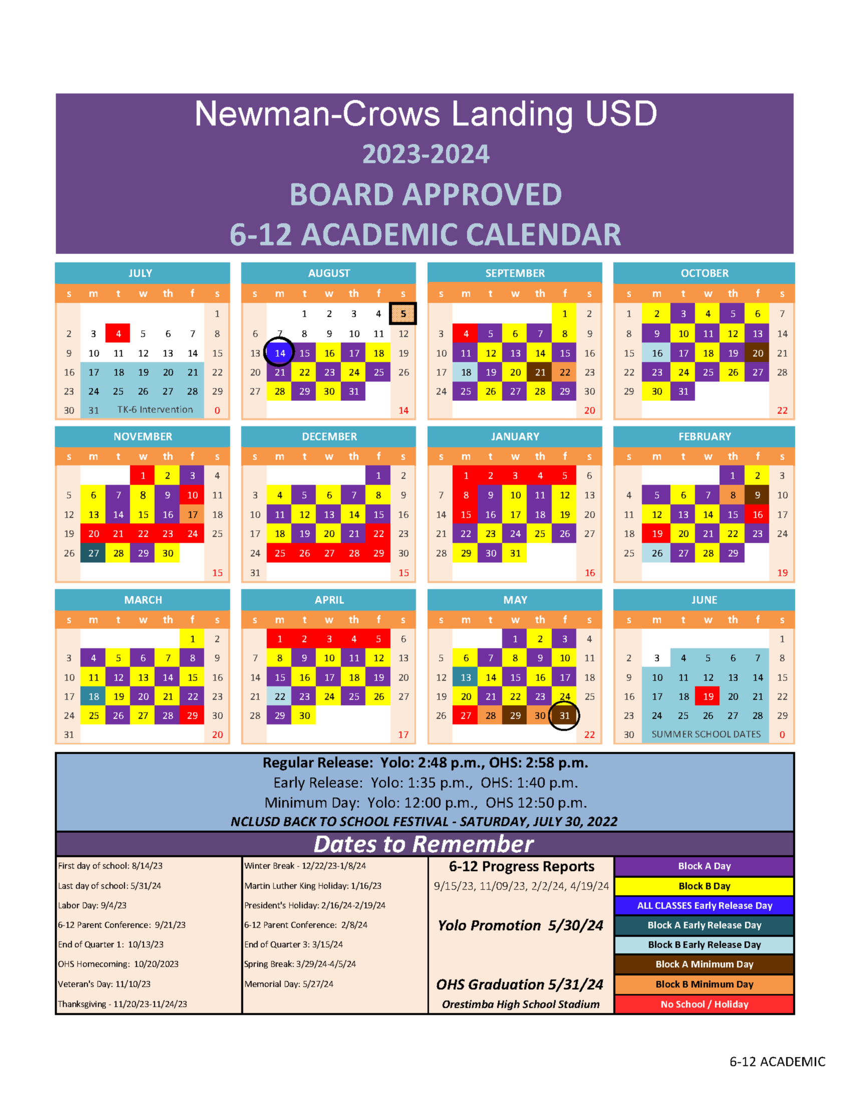 Yolo Middle School 2023-24 Block Calendar