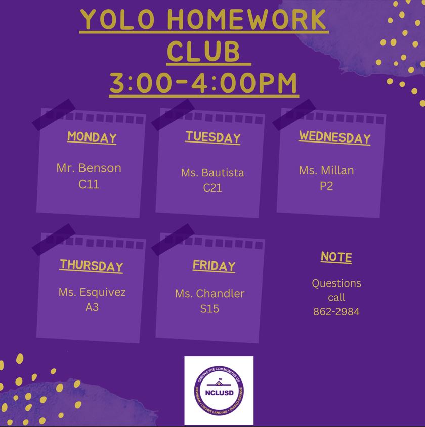 Yolo Homework Club Schedule - link to PDF
