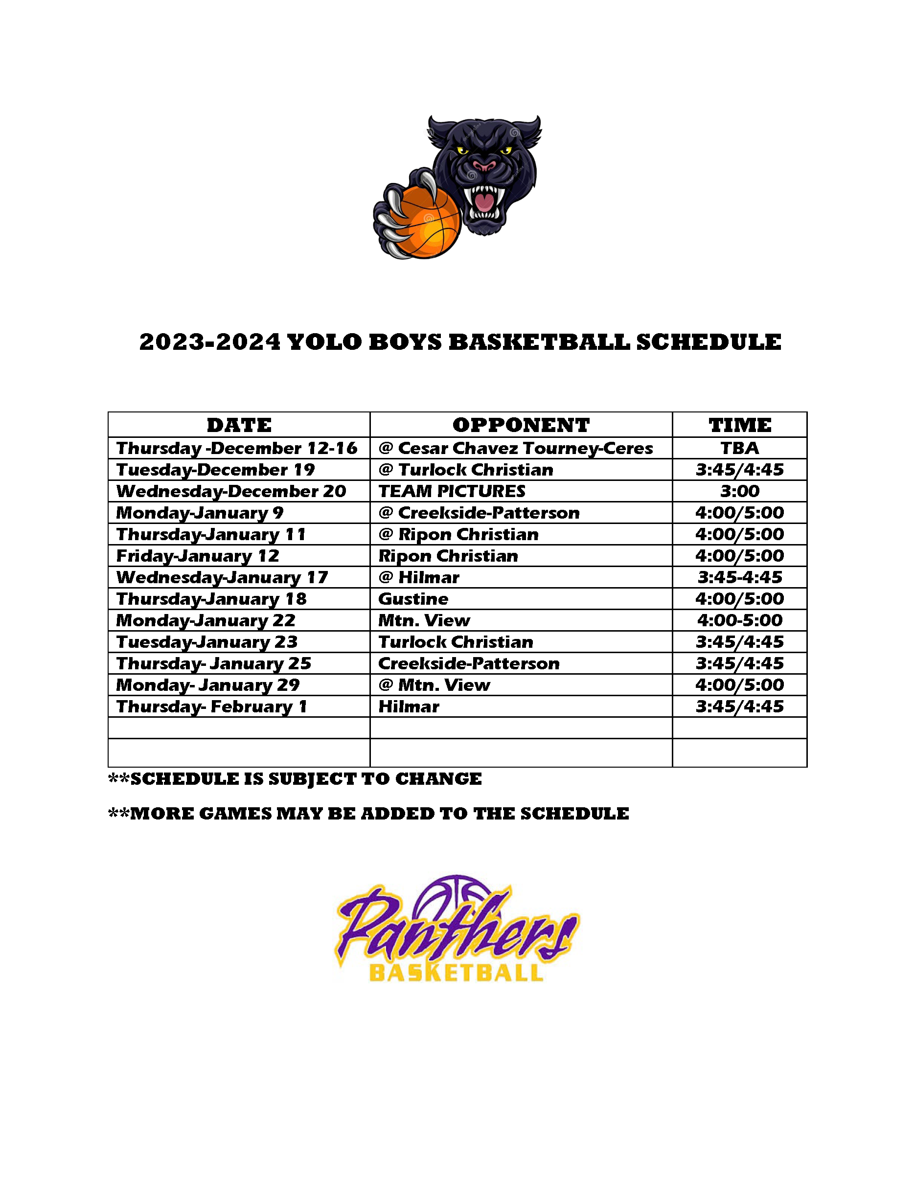 2023 Boys Basketball Schedule