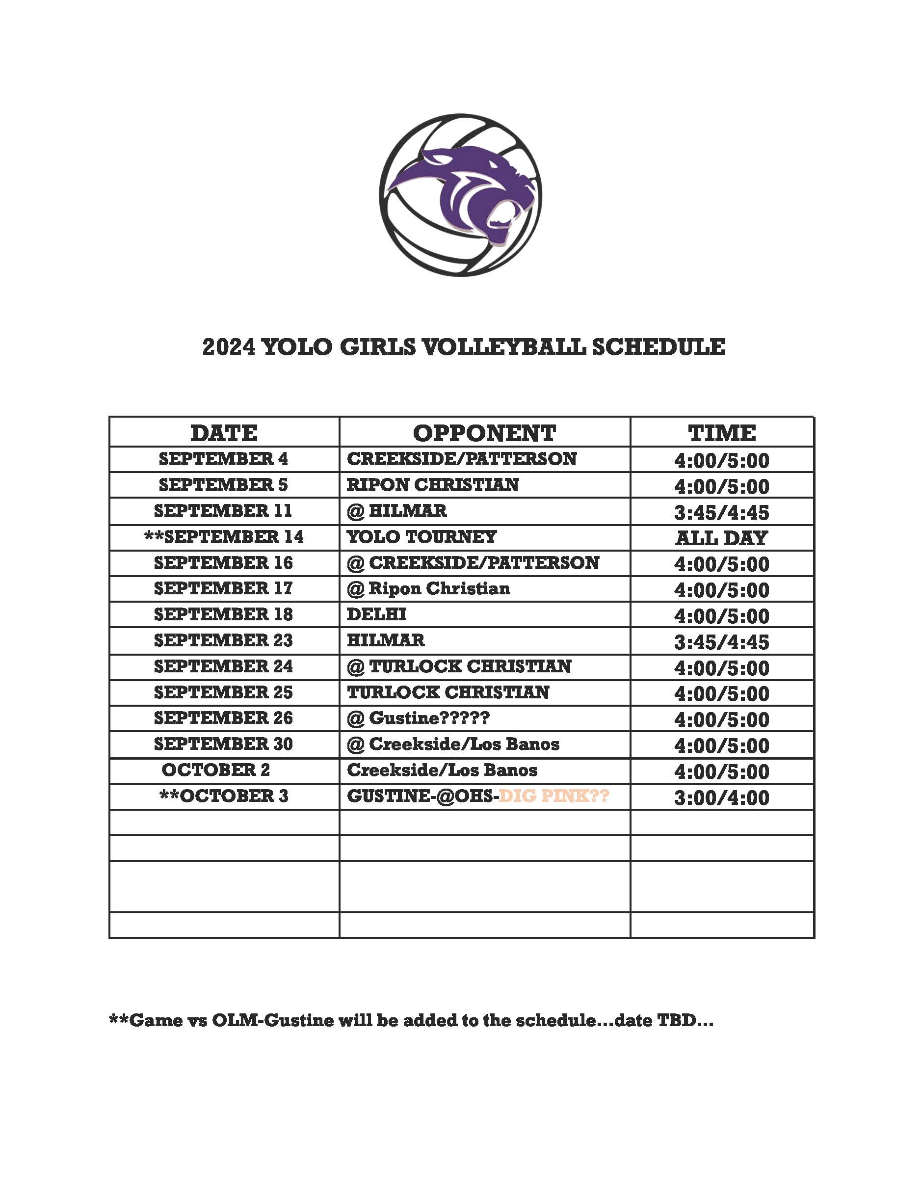 2024 Girls Volleyball Schedule