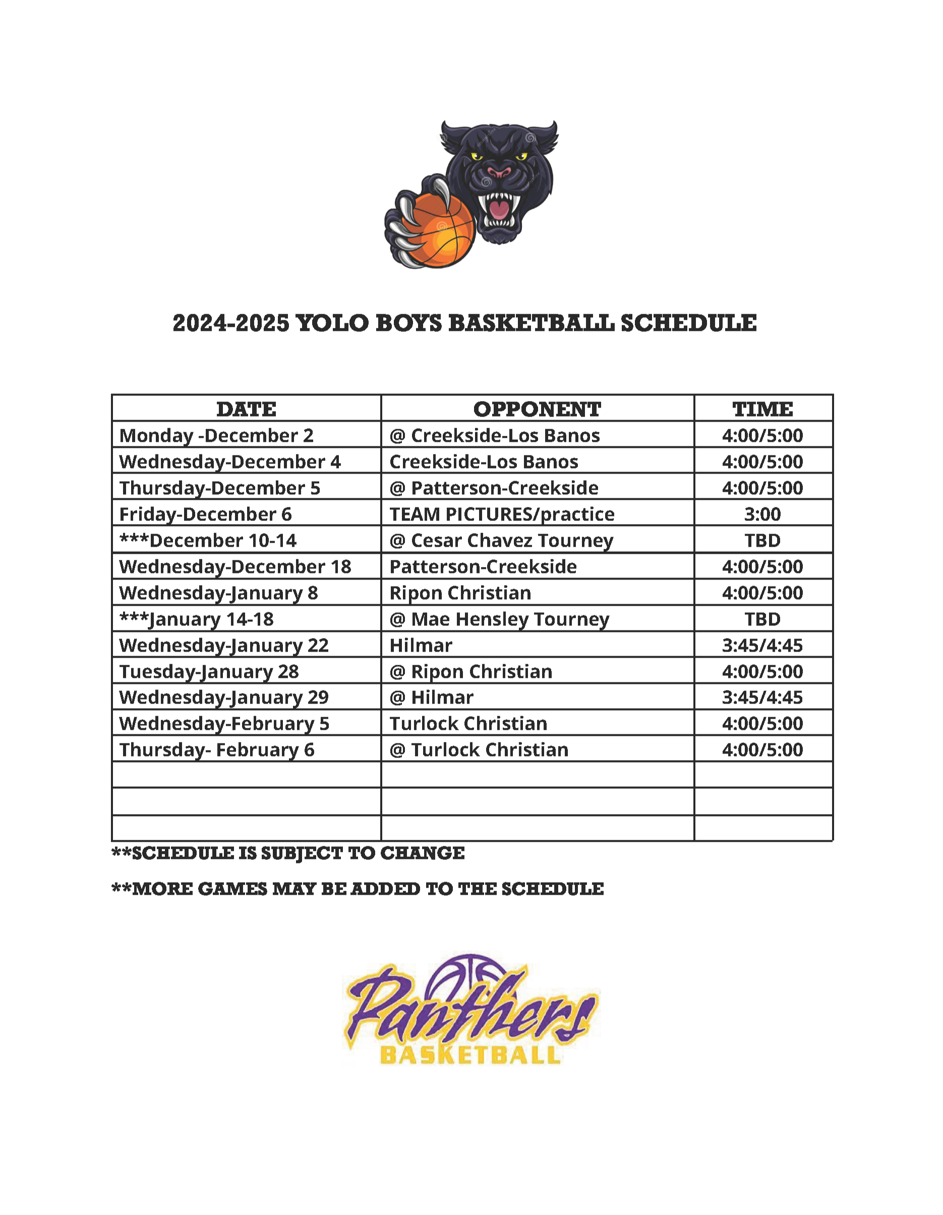 2024 Boys Basketball Schedule