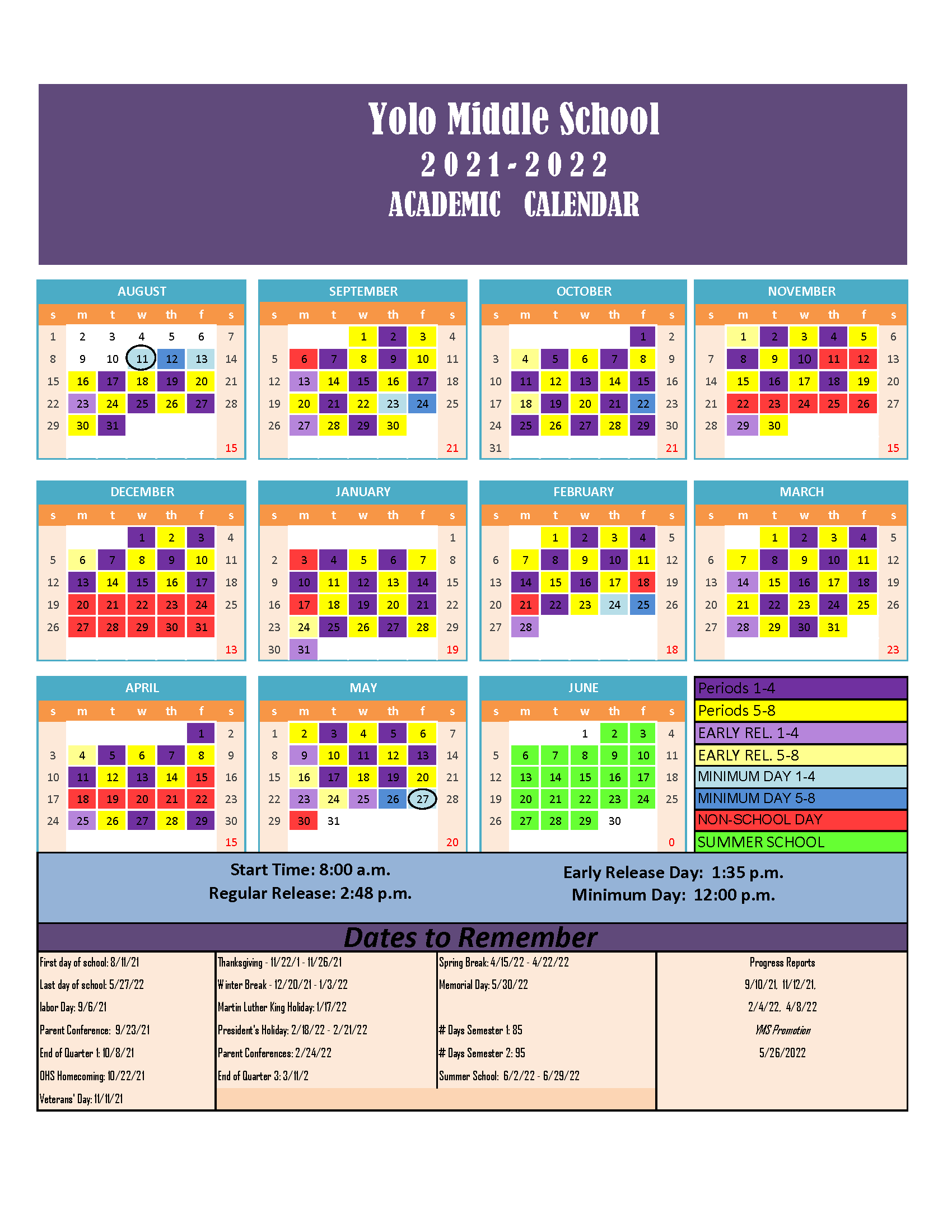 Yolo Middle School 2021-22 Block Calendar
