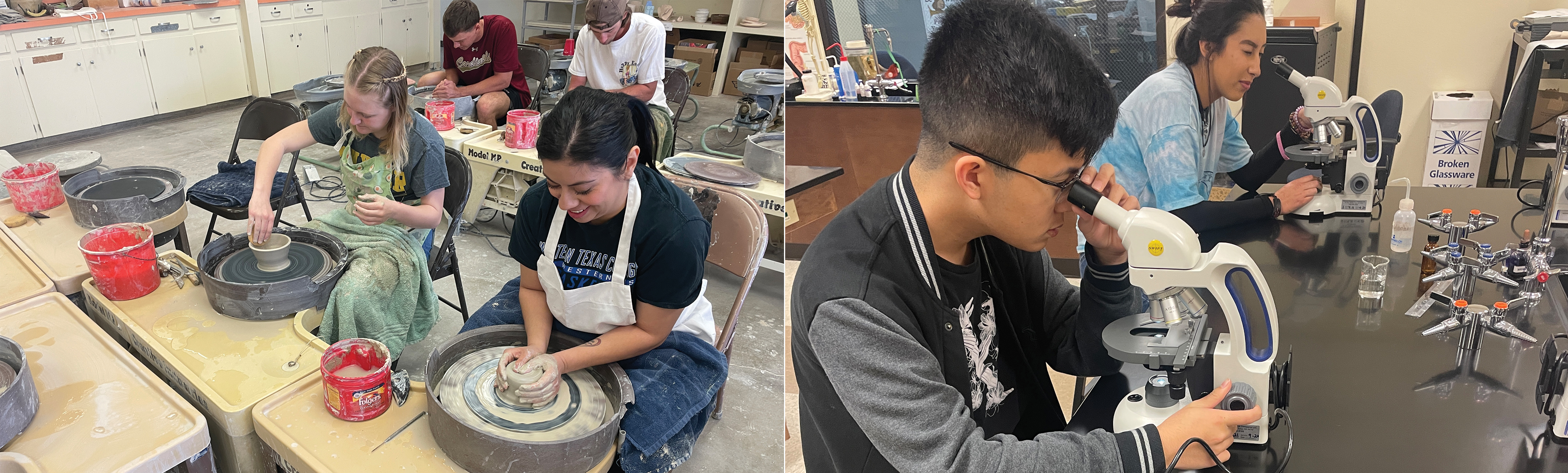 Left: Students in pottery class, Right: Student looking through microscope