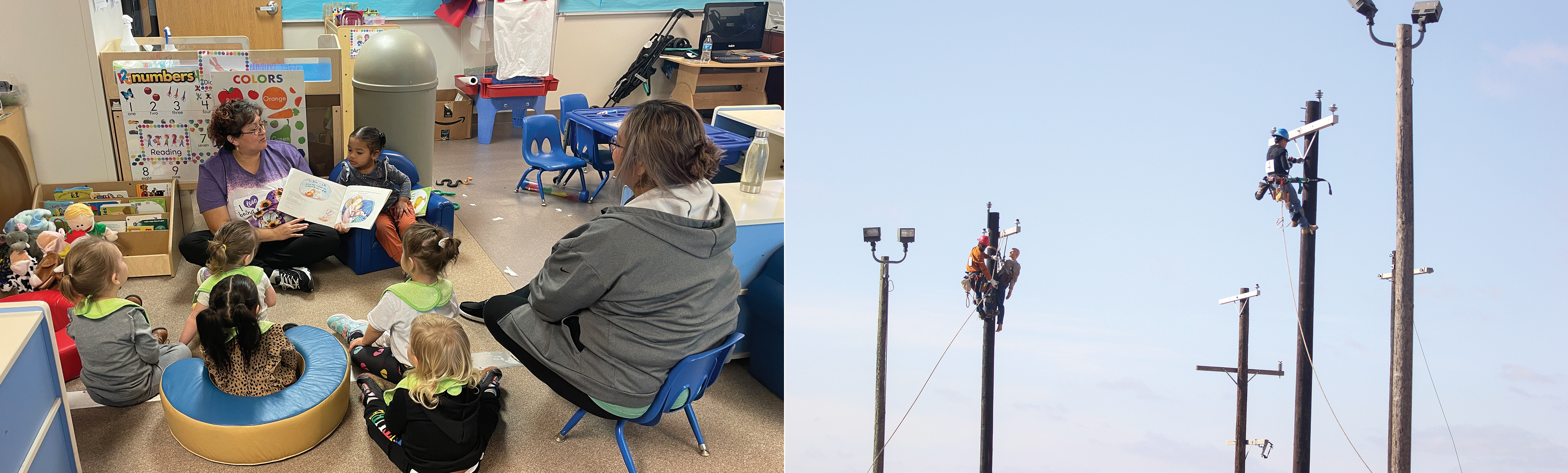 Left: Student reading to kids, Right: Lineman climbing poles
