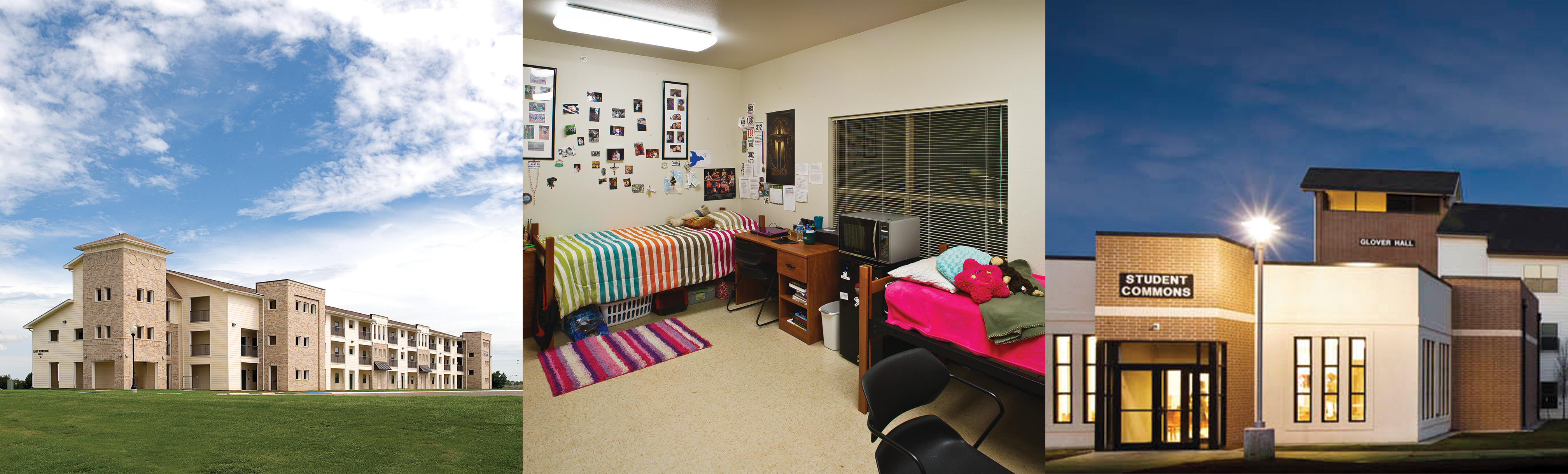 Left: Clinton Hall, Middle: Dorm Room, Right: Glover Hall