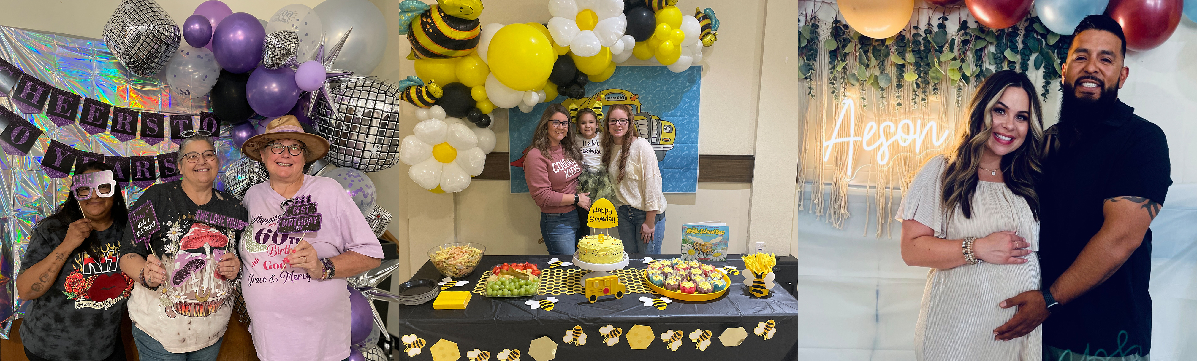 Various people celebrating birthdays and baby shower