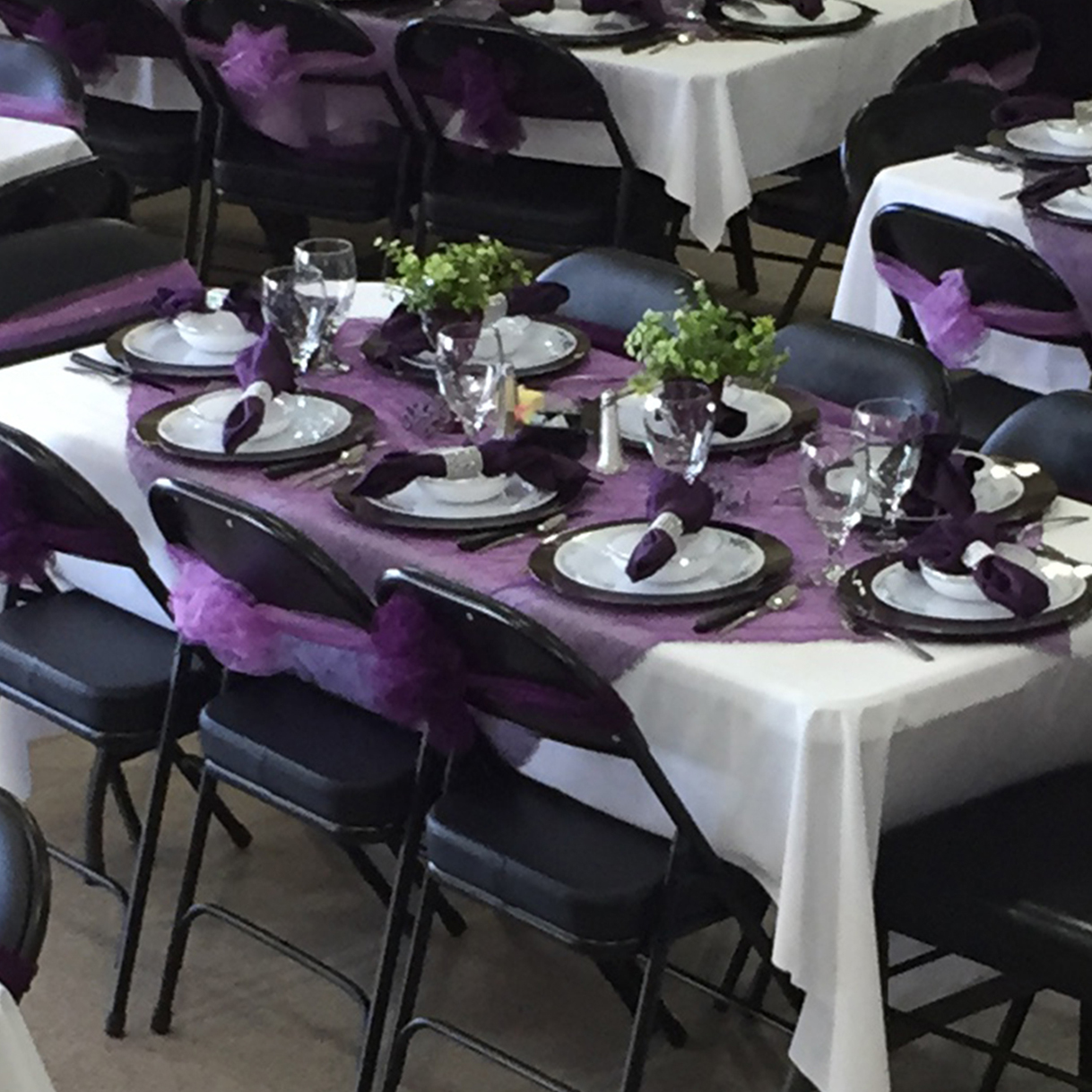 Rectangle table set for eight with full place settings.