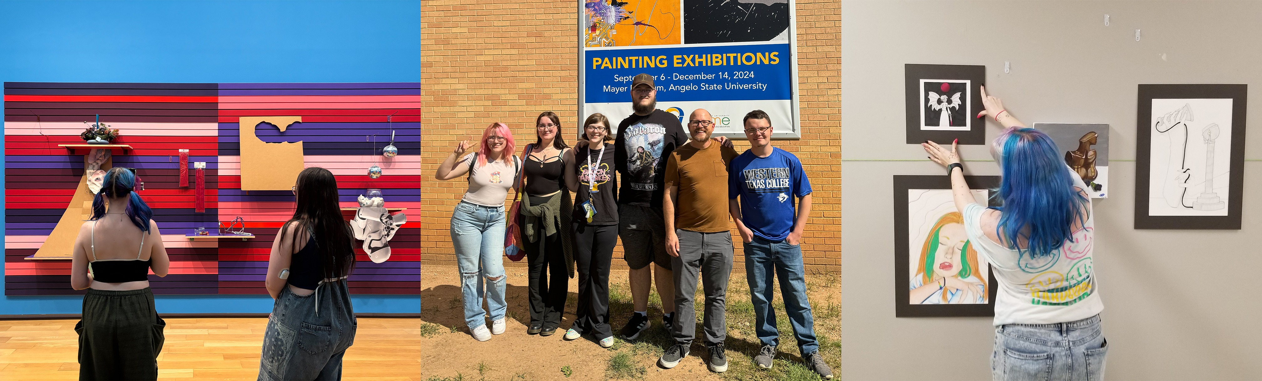Left: Students admiring art work, Middle: Instructor and students visiting paint Exhibition, Right: Student setting up art show