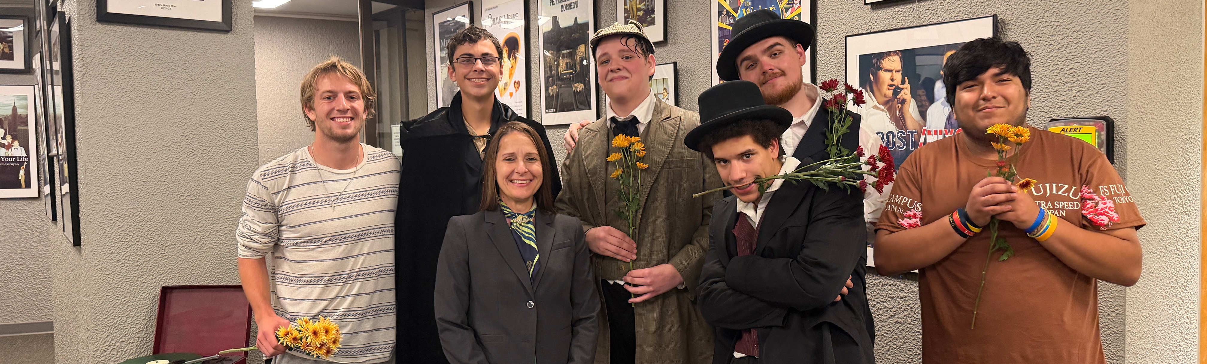 Dr. Sharp and cast of student play Moriarty