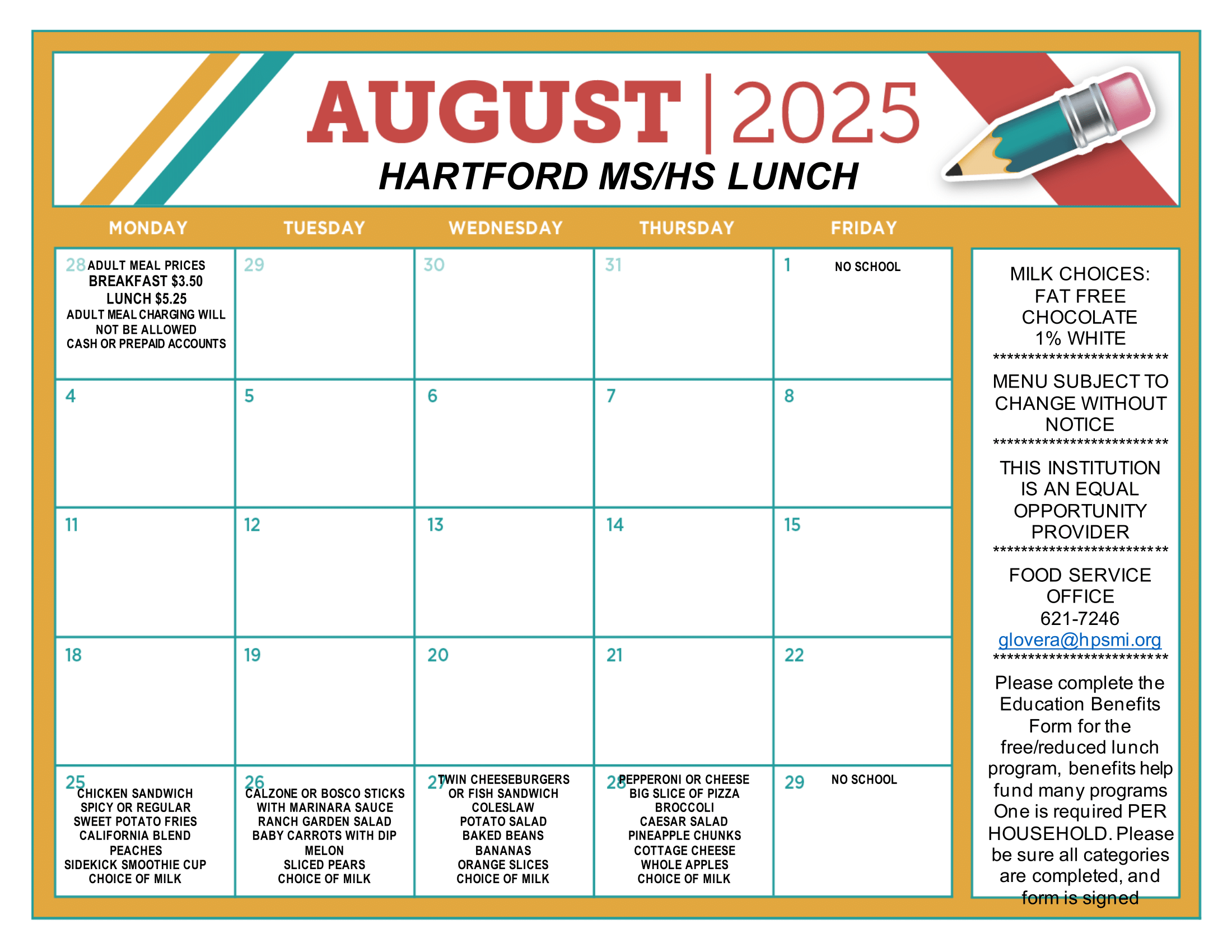 August/September Lunch Menus 🍽