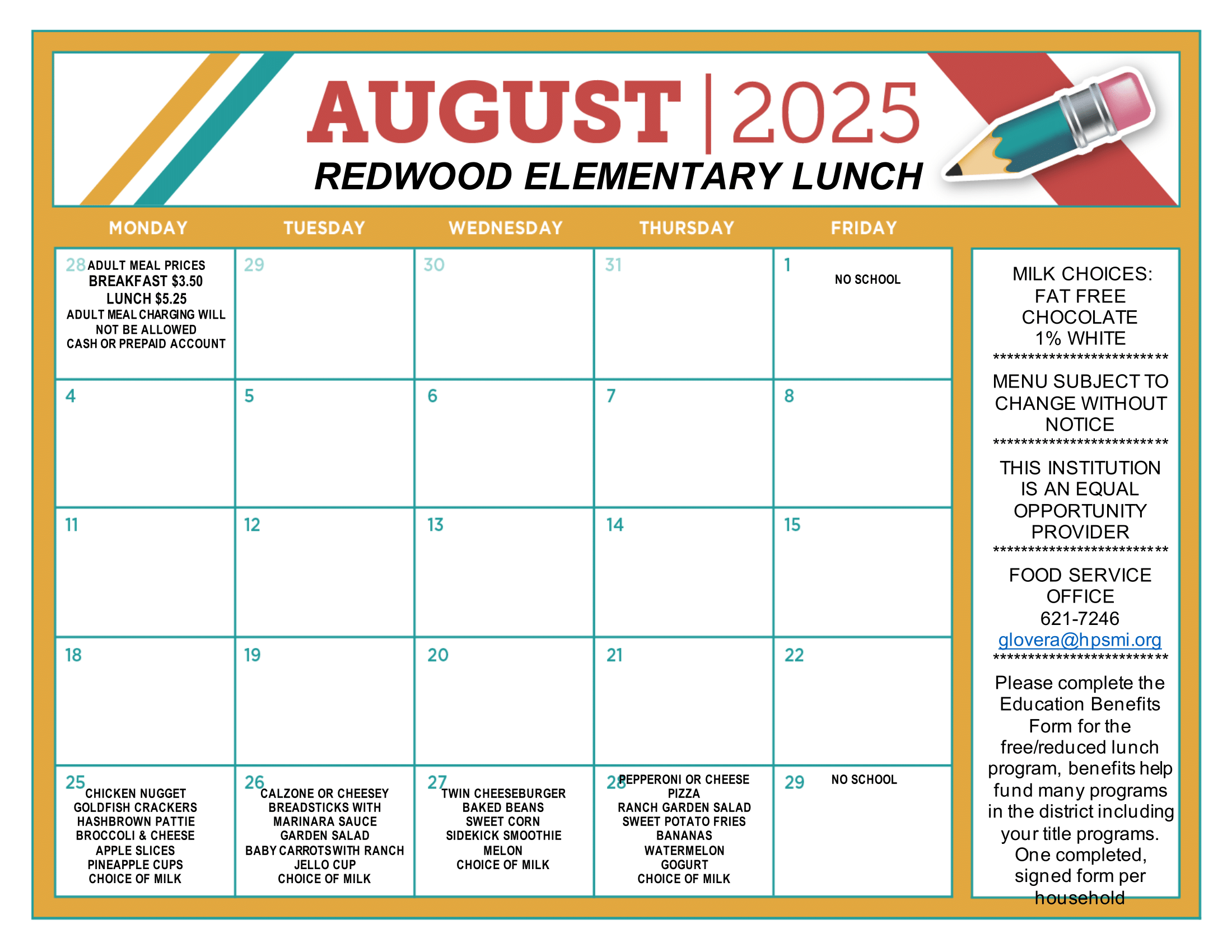 August/September Lunch Menus 🍽