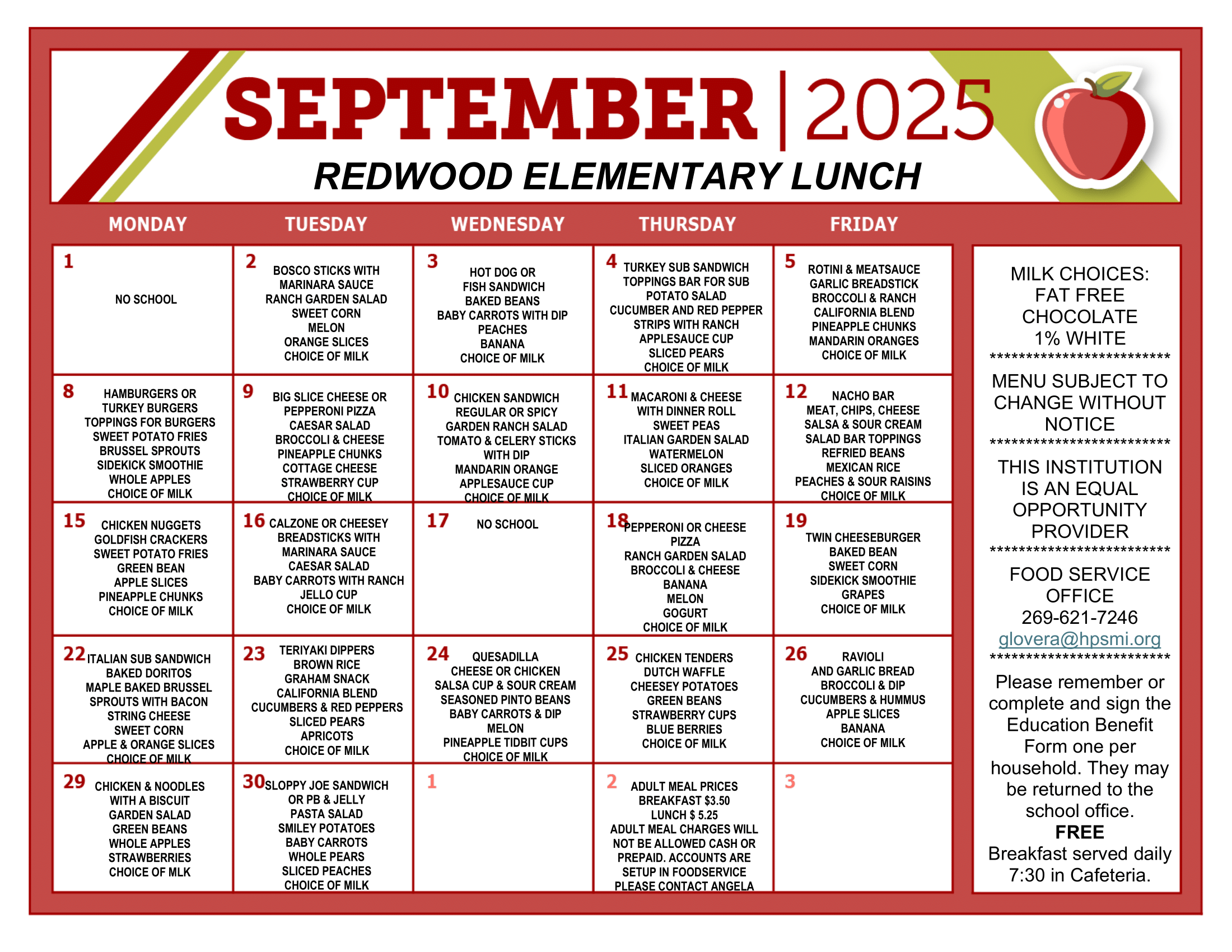 August/September Lunch Menus 🍽