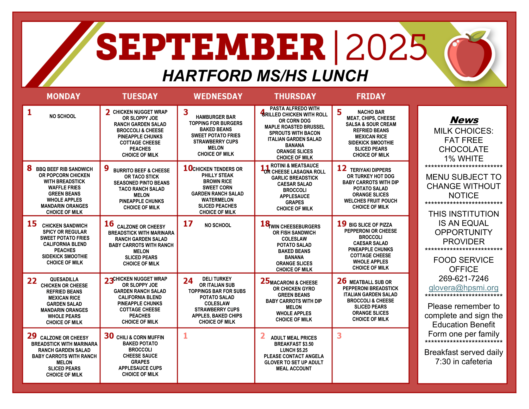 August/September Lunch Menus 🍽
