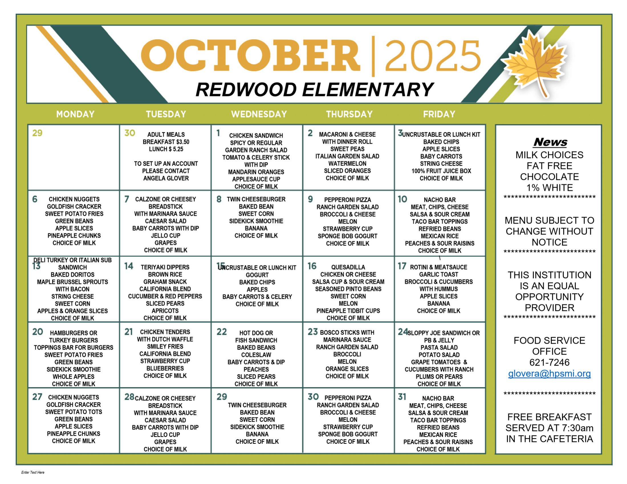 october Lunch Menus 🍽