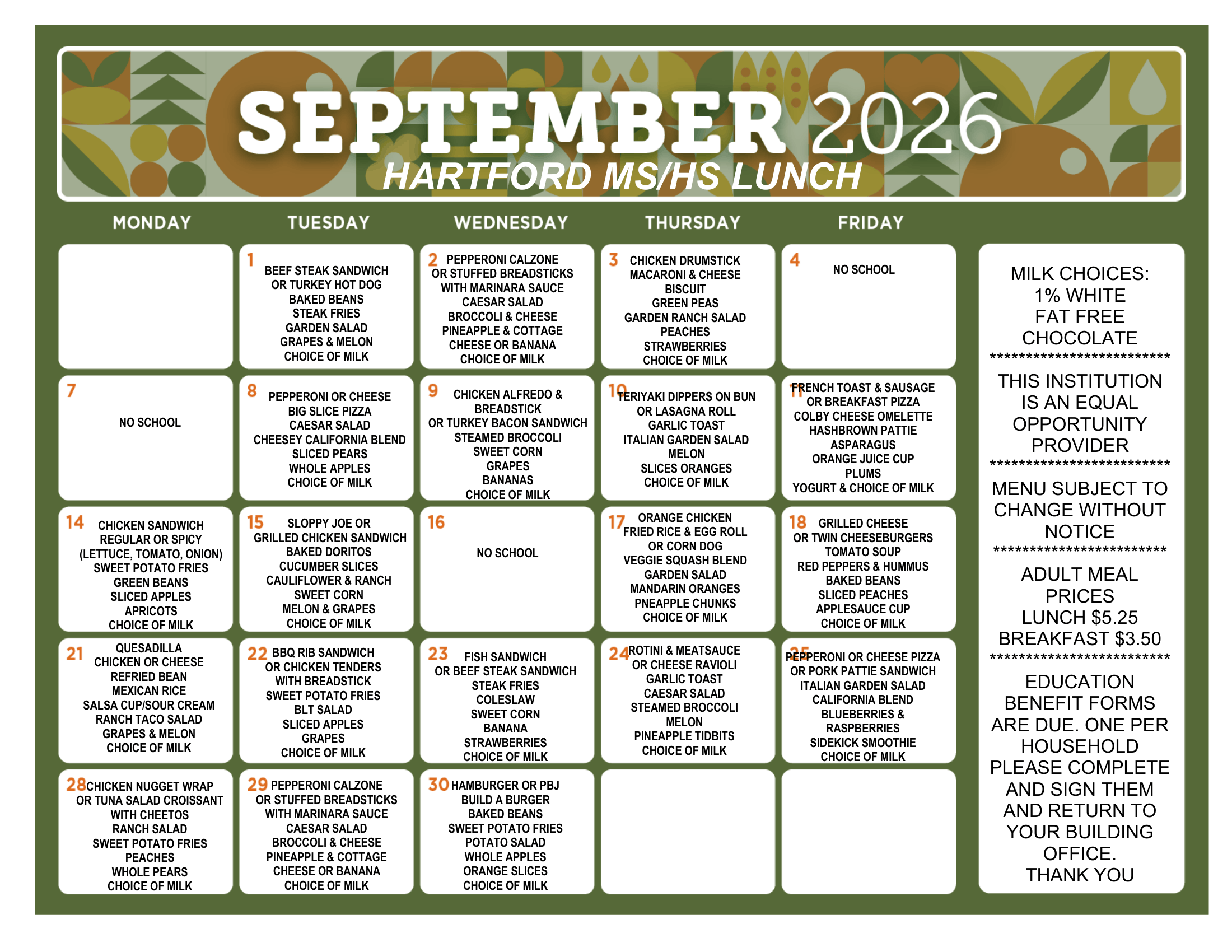 September 2026 Hartford Middle School/High School lunch menu. The calendar lists daily entrées, sides, fruits, vegetables, and milk choices for September 1–30. No school is listed for September 4, 7, and 16. Meals include options such as beef steak sandwiches, pizza, chicken drumsticks, teriyaki dippers, grilled cheese, quesadillas, BBQ rib sandwiches, fish sandwiches, ravioli, and burgers. Milk choices are 1% white and fat-free chocolate. Adult prices are $5.25 for lunch and $3.50 for breakfast. Menu is subject to change.