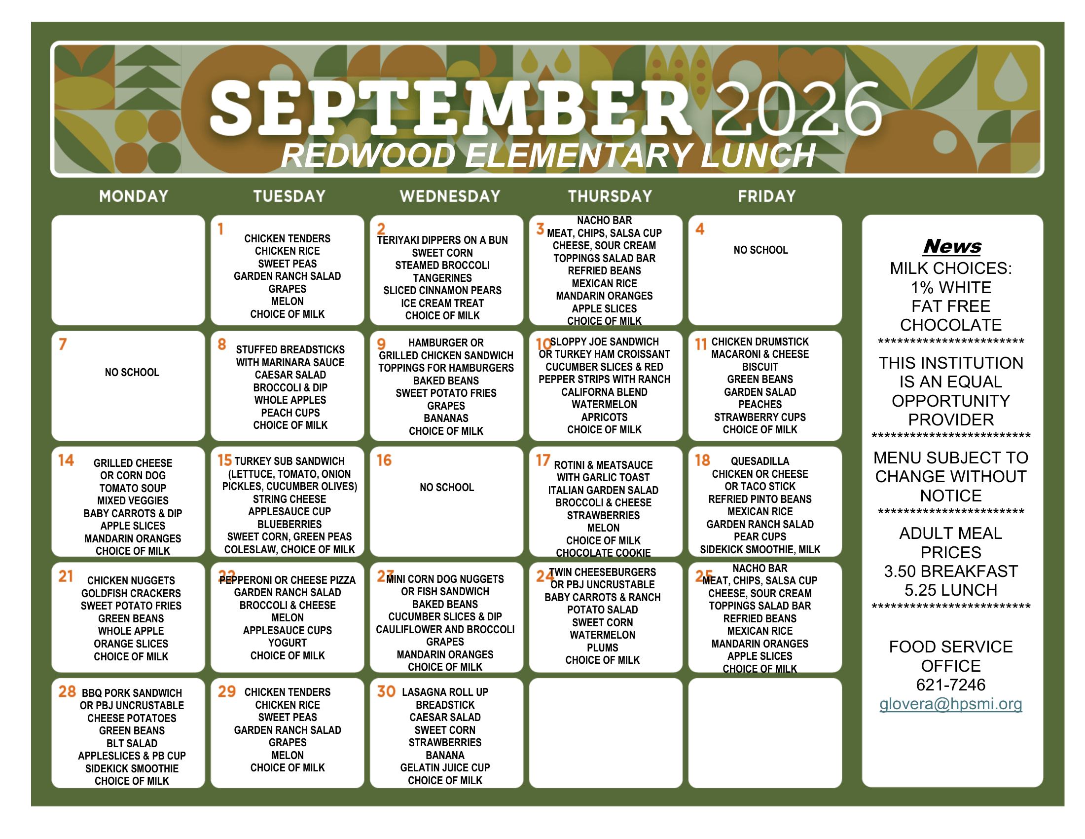 September 2026 Redwood Elementary lunch menu. The calendar lists daily entrées, sides, fruits, vegetables, and milk choices for September 1–30. No school is listed for September 4, 7, and 16. Meals include chicken tenders, teriyaki dippers, nachos, stuffed breadsticks, hamburgers, sloppy joes, grilled cheese, quesadillas, chicken nuggets, pizza, mini corn dogs, cheeseburgers, and lasagna roll-ups. Milk choices include 1% white, fat-free chocolate, and other available options. Adult meals are $3.50 for breakfast and $5.25 for lunch. Food Service Office: 621-7246.