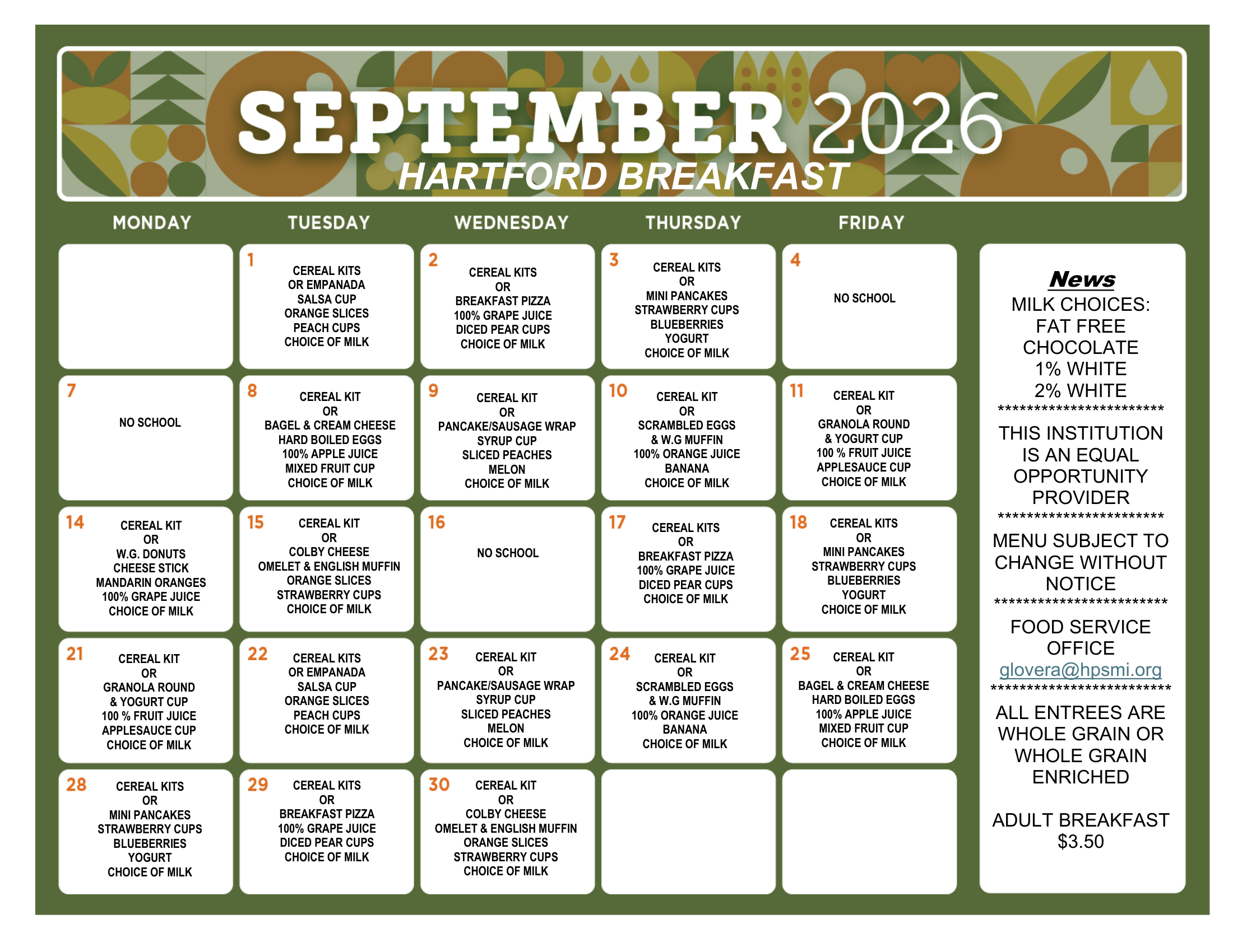 September 2026 Hartford breakfast menu. The calendar lists daily breakfast choices for September 1–30, with no school September 4, 7, and 16. Breakfasts include cereal kits and rotating options such as empanadas, breakfast pizza, mini pancakes, bagels with cream cheese, pancake and sausage wraps, scrambled eggs, muffins, donuts, omelets, and granola rounds with yogurt. Meals also include assorted fruit, juice, and milk. Milk choices include fat-free chocolate, 1% white, and 2% white. Adult breakfast is $3.50.