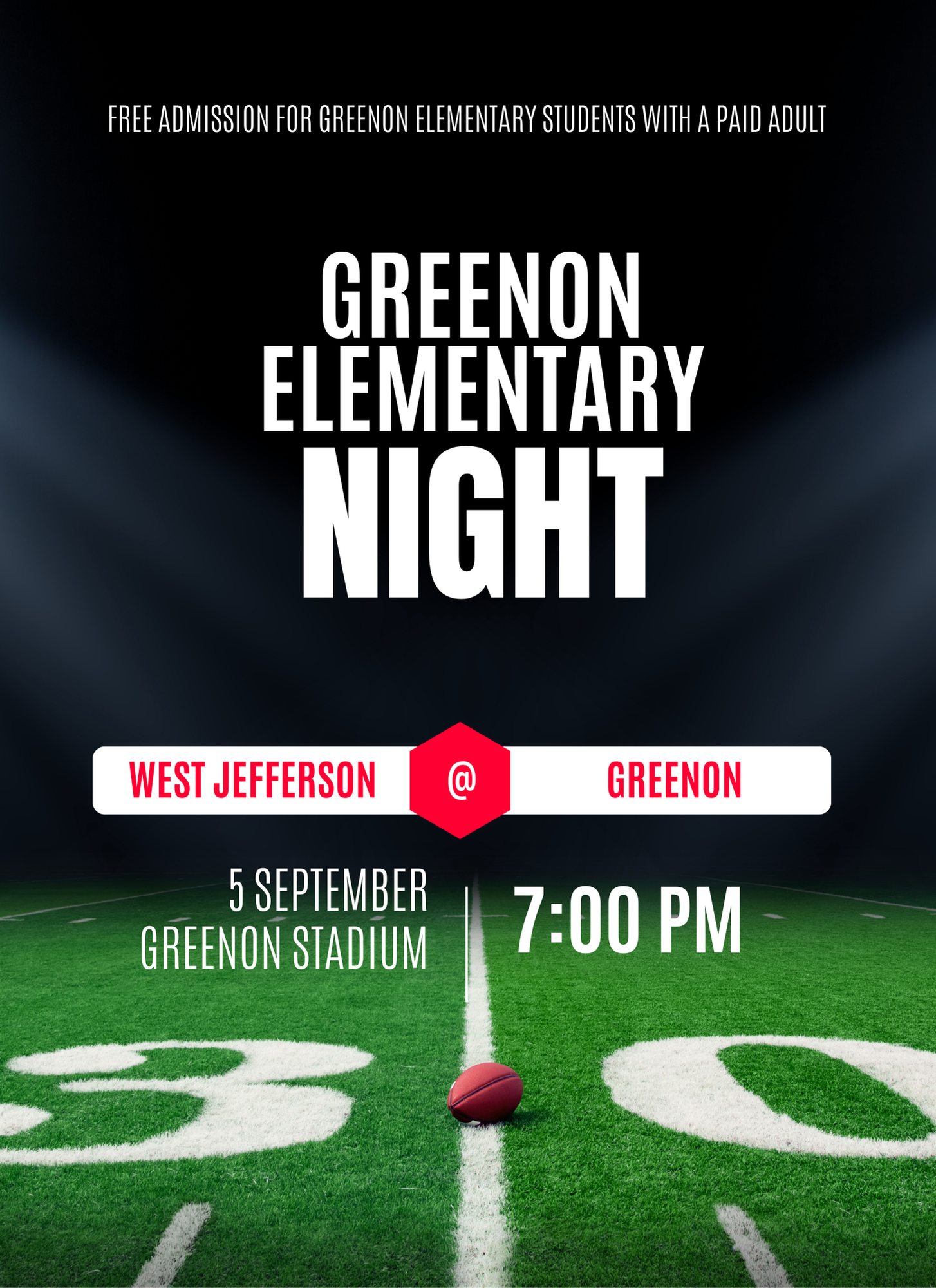 Greenon will take on West Jefferson at 7:00pm at Greenon Stadium on September 5, 2025. Free admission for Greenon Elementary students with a paying adult!