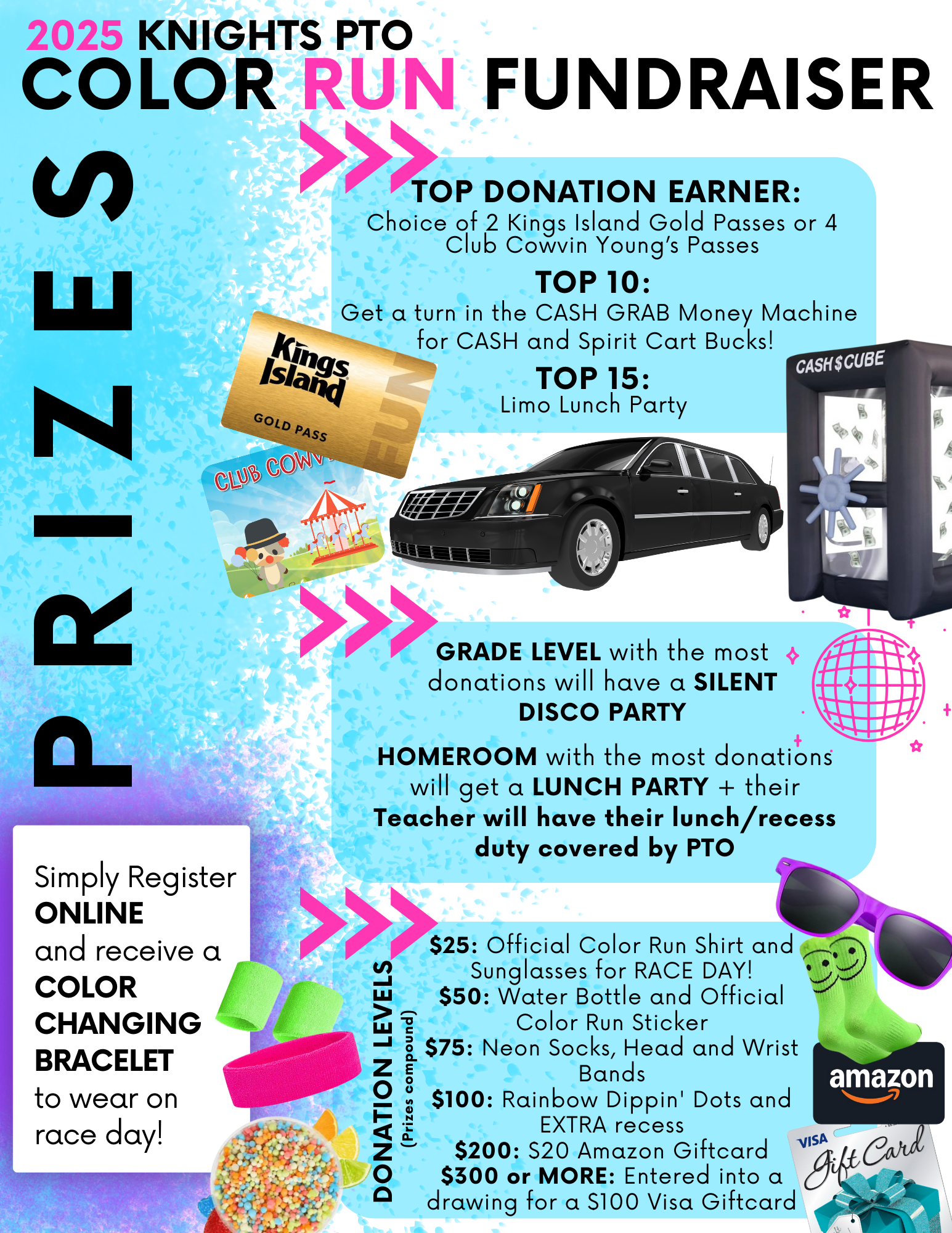 On Friday, September 19, 2025, all Greenon Elementary students will participate in a fun and colorful event—the Knights PTO Color Run! The Color Run is more than just a race; it moves our bodies and builds school and grade-level spirit. Plus, it’s a way to raise funds for our Knights PTO, which supports many of the special activities and events our students love throughout the school year. Participation & Fundraising The Color Run is a PTO-sponsored event during the school day. Students can gather donations via our Booster-A-Thon website! These funds help cover the race costs and support a variety of PTO-sponsored events throughout the year. While fundraising is encouraged, it’s not required—every student is welcome to join in the fun, regardless of donation amount. Parents will register their child using the Booster-A-Thon website.