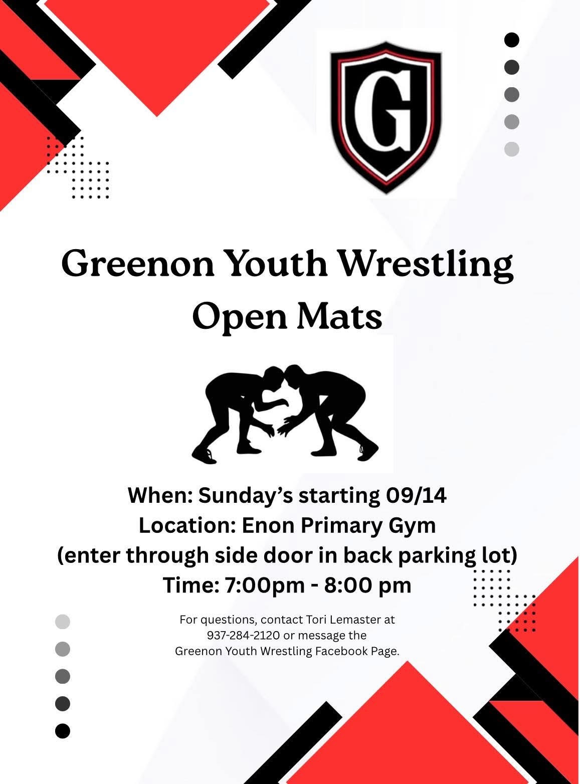 Join Greenon Youth Wrestling for their Open Mats every Sunday beginning September 14, 2025.   Location: Enon Primary Gym, Time: 7:00pm-8:00pm  For questions contact Tori Lemaster at 937-284-2120.