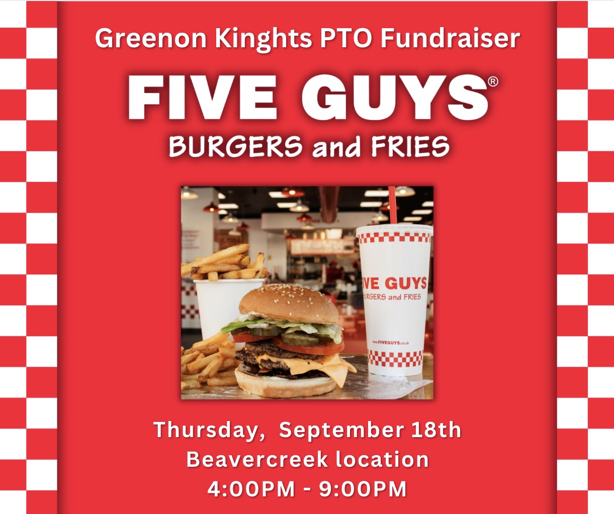 September No-Cook Night fundraiser!  This event will be from 4:00 pm-9:00 pm on Thursday, September 18th, at Five Guys in Beavercreek.