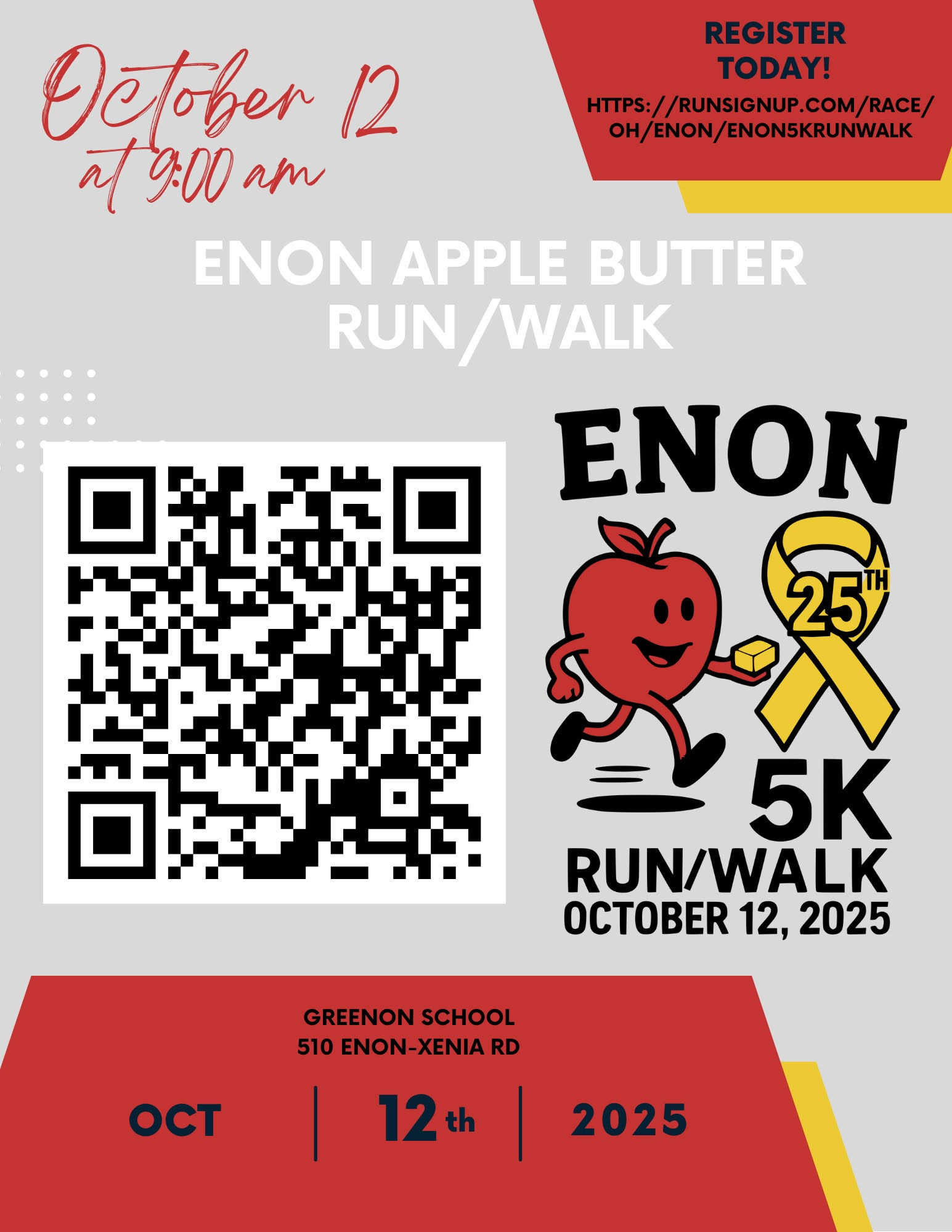 The 25th Enon Apple Butter 5k Run/Walk is scheduled for October 12, 2025 at 9:00am!   Participants can find additional information and register on the Enon 5K Run/Walk Website. 