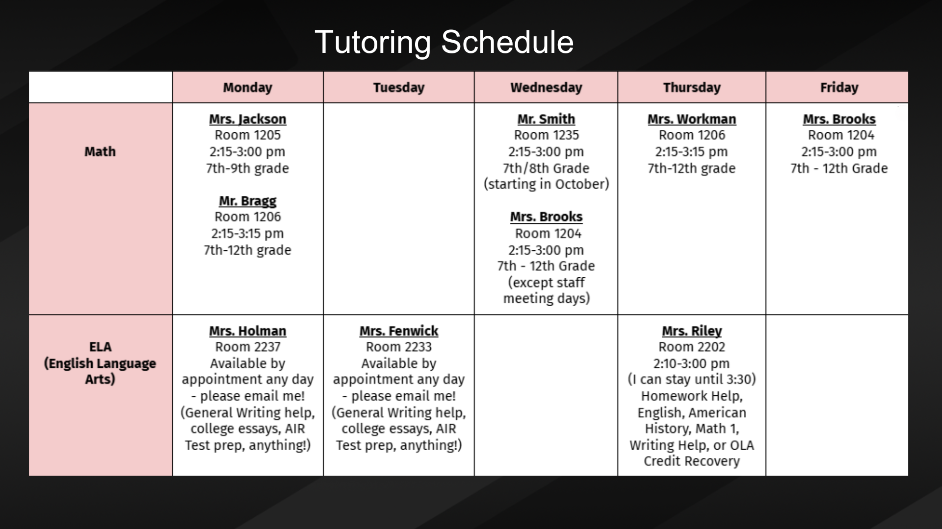 Math and ELA Tutoring Schedule