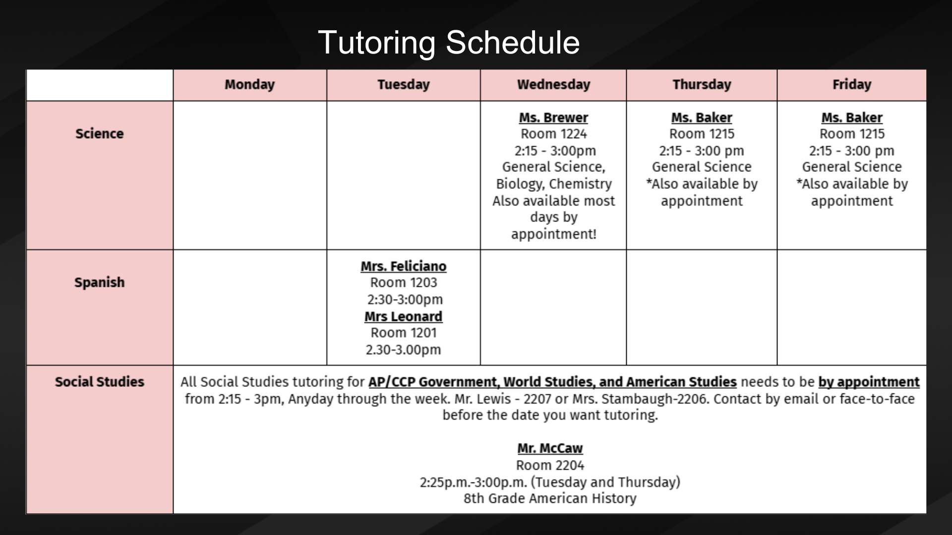 Science, Spanish and Social Studies Tutoring Schedule