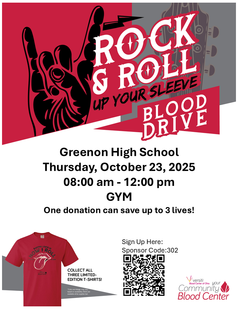 Join the Greenon FFA for a Blood Drive!  Greenon High School Thursday, October 23, 2025 08:00 am - 12:00 pm  One donation can save up to 3 lives!