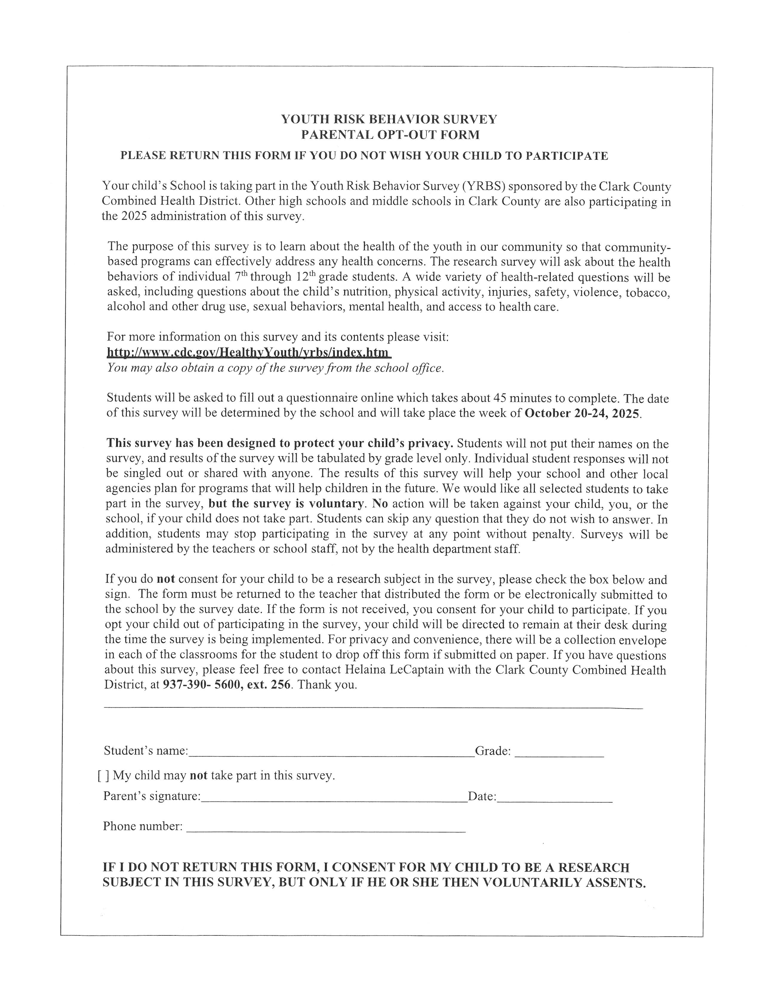 YSRB Survey Opt Out