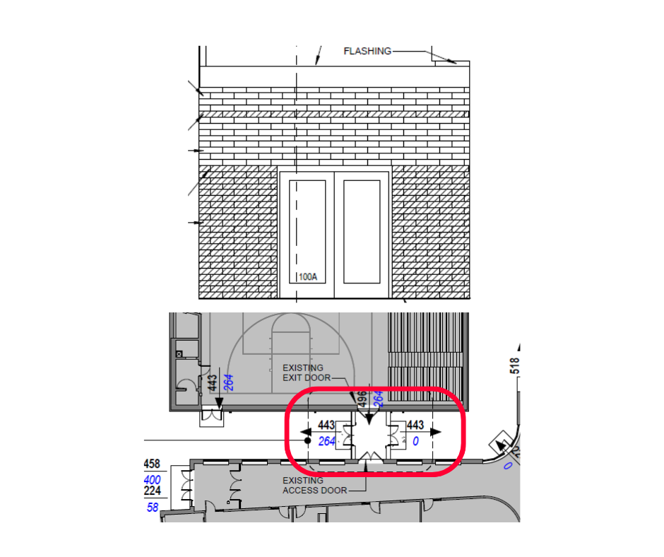 Drawings of how the buildings will be connected.  Red box outlines where teh connector happens