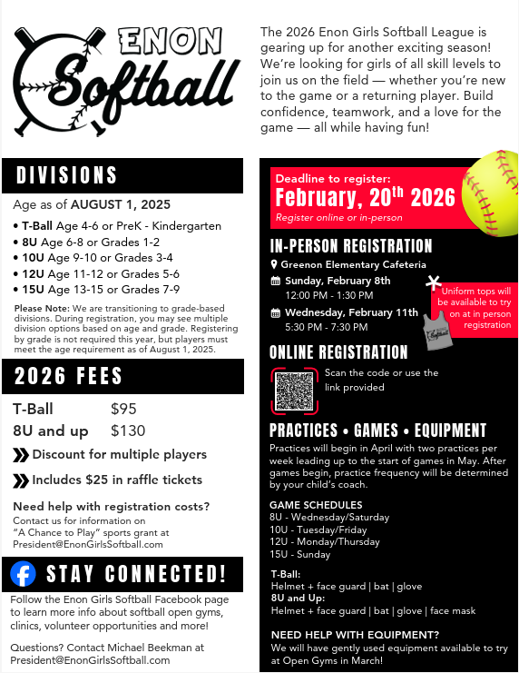 Softball flyer. link to register: https://login.stacksports.com/login?client_id=612b0399b1854a002e427f78&redirect_uri=https://core-api.bluesombrero.com/login/redirect/portal/9064&app_name=Enon+Girls+Softball+League&portalid=9064&instancekey=leagues