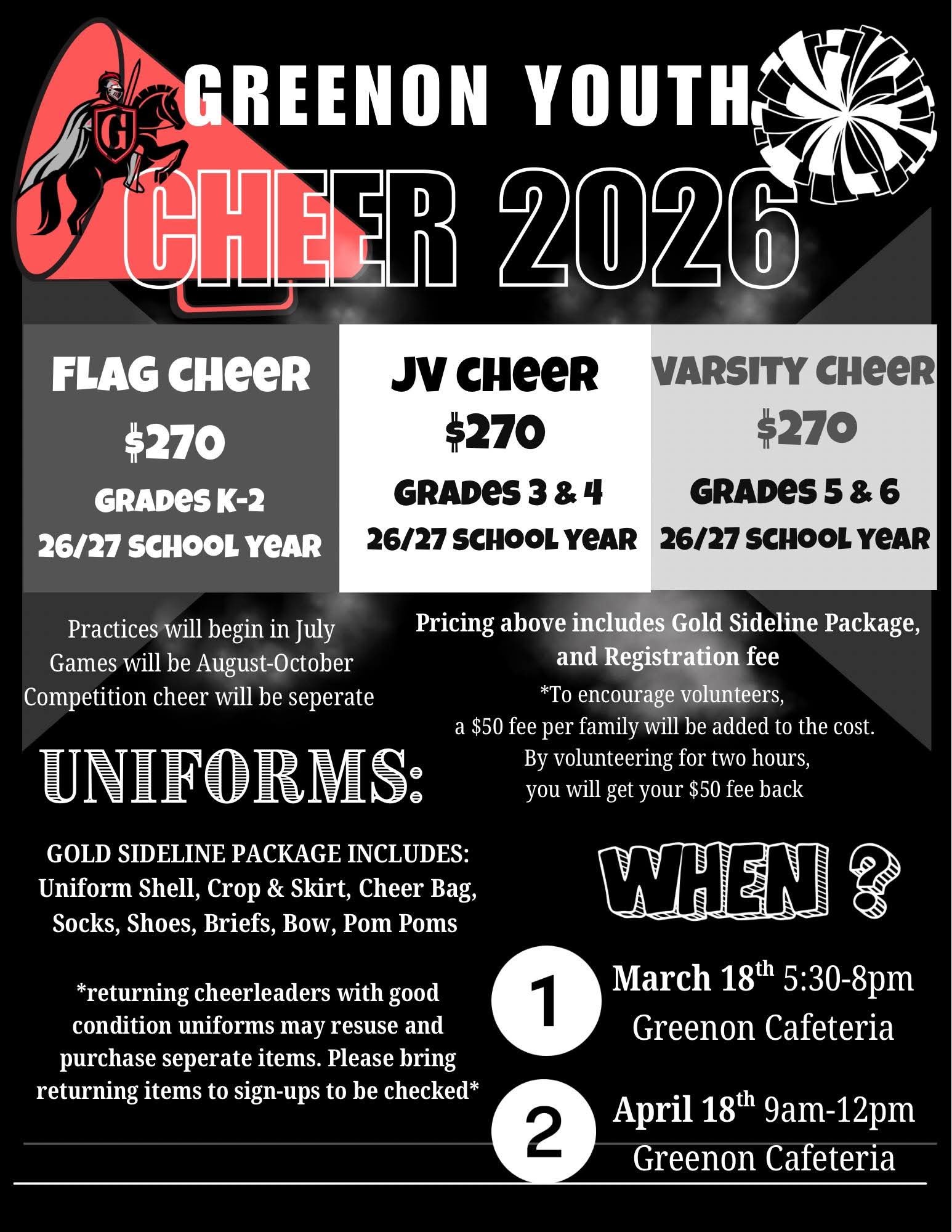 A flyer for Greeneon Youth Cheer 2026 outlines the flag, JV, and varsity cheer options with costs. It details practice and competition schedules for different grades.