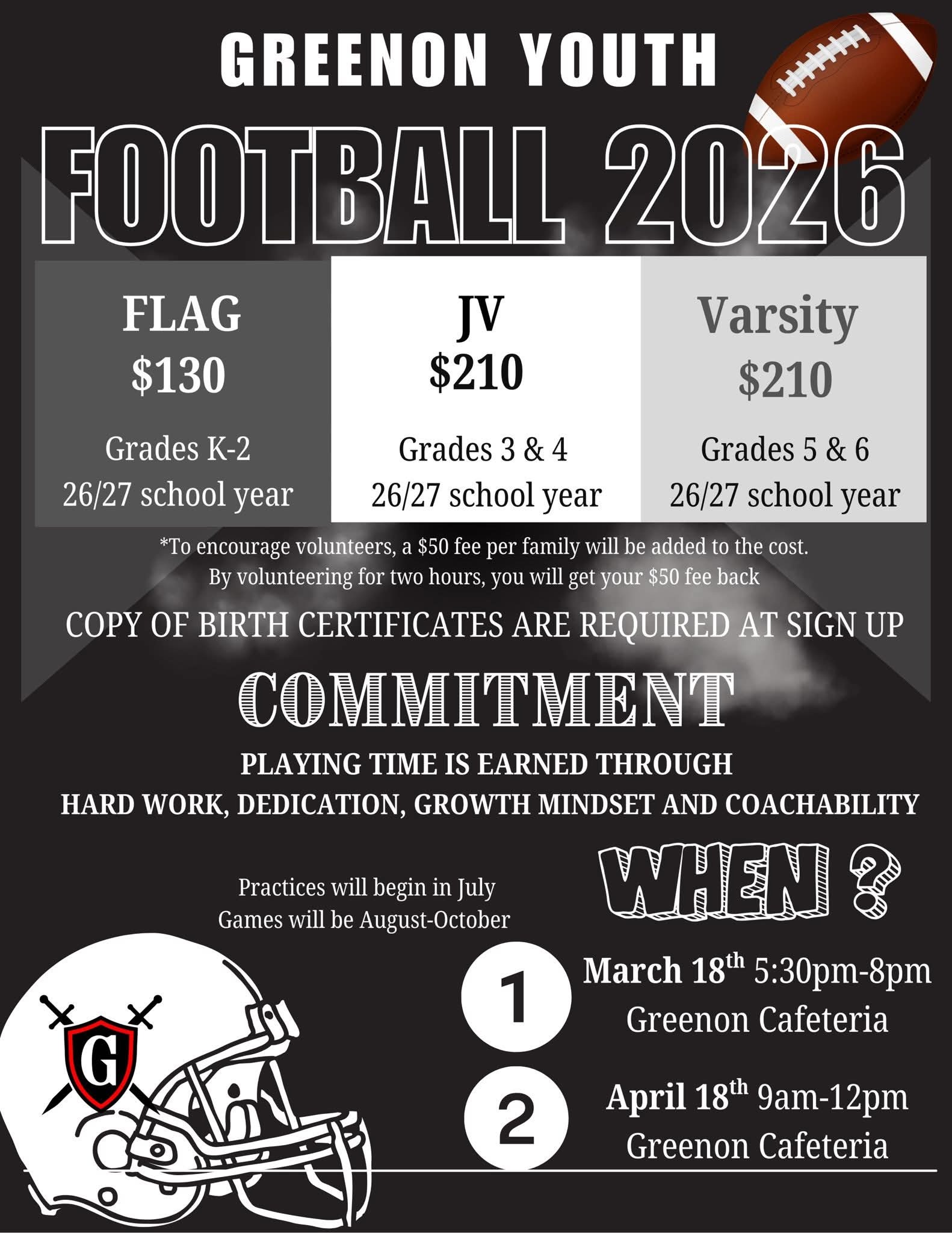 Poster with football helmet and ball for Greenon Youth Football 2026. Categories include Flag, JV, and Varsity. Cost and dates for each.
