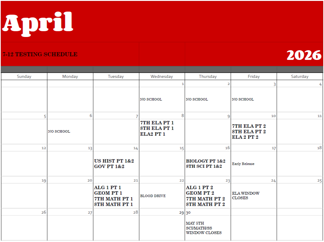 Testing Schedule for GJSHS