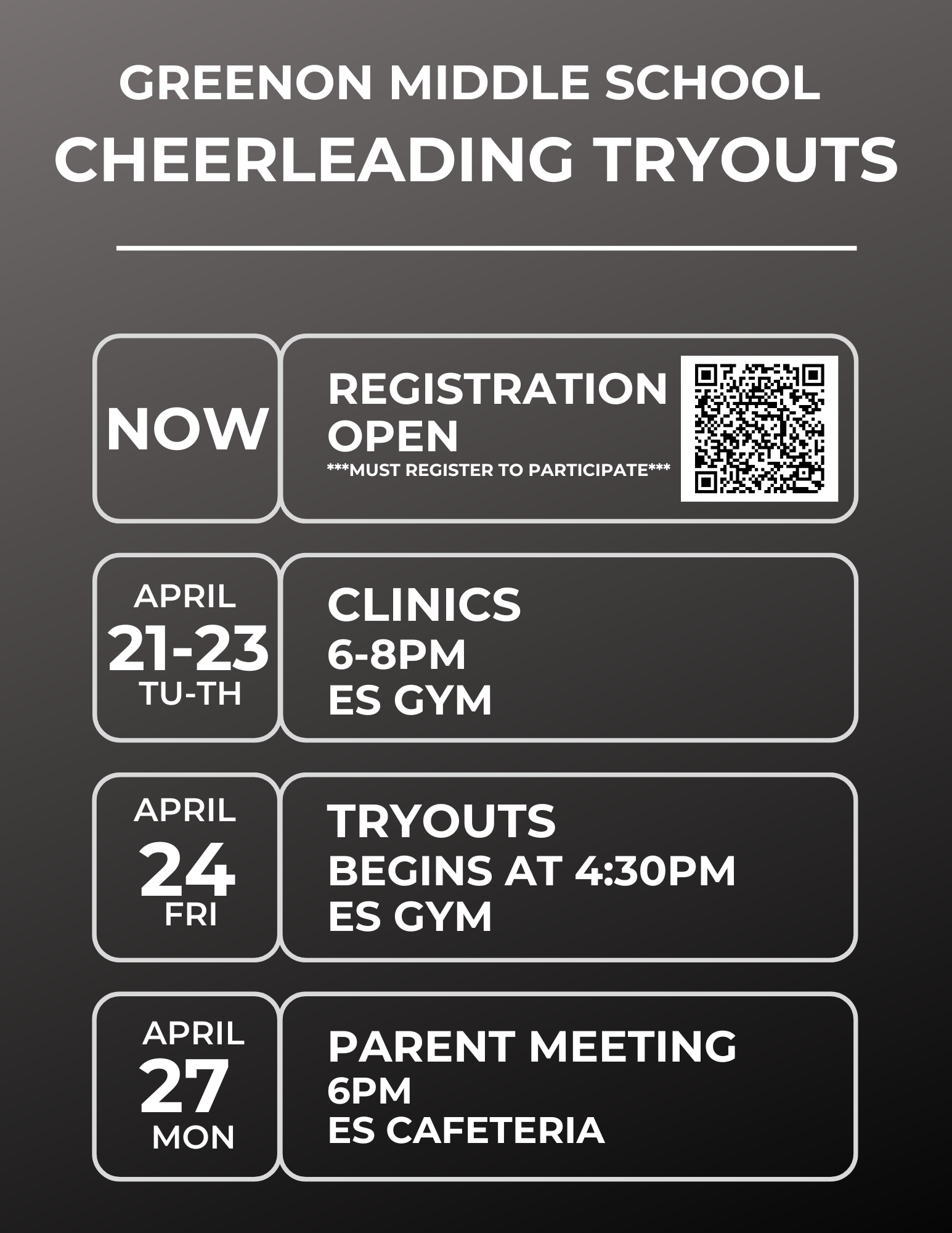 Black background with text and QR code. Information on Greenon Middle School cheerleading tryouts, including registration, clinics, tryouts, and parent meeting details.