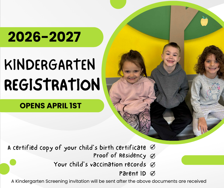 Poster with text "2026-2027 Kindergarten Registration" and "Opens April 1st". Three children sitting on a bench, smiling.