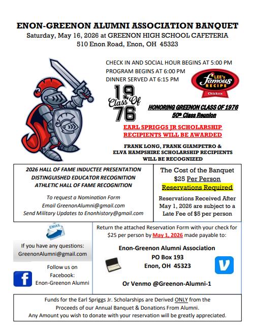A flyer for the Enon-Greenon Alumni Banquet on May 16, 2026, at 5:00 PM. It features an image of a knight with a sword.