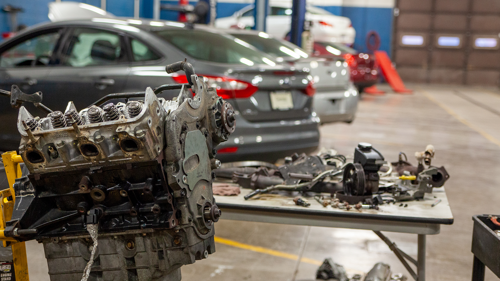 engines lined up in an automotives lab