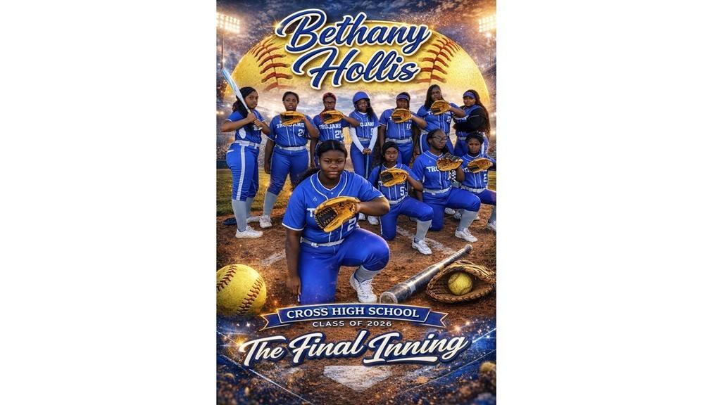 Group of women in blue uniforms, holding bats and posing in a baseball field. Text reads "Bethany Hollis" and "The Final Inning."