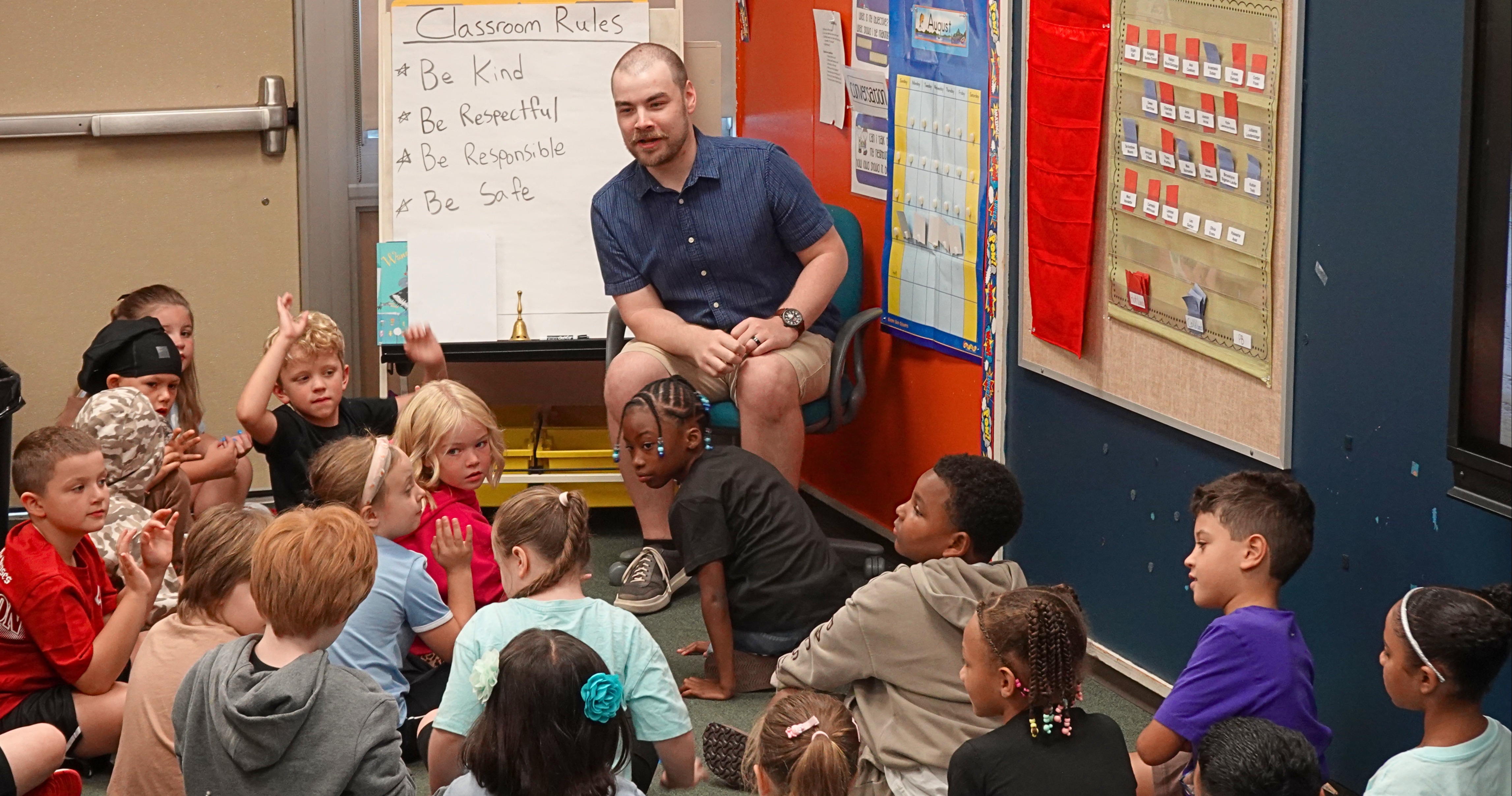 kids sitting in front of teacher in class